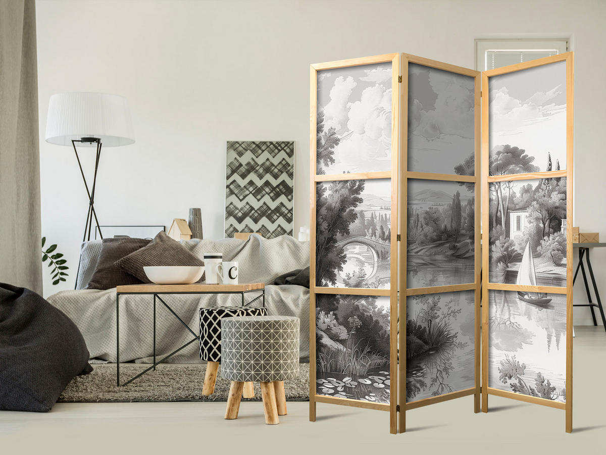 PARAVENT Japanischer 3-tlg 135x172 cm Schwarz-Wei e Landschaft - Grau, Holz/Textil (135/172/3cm) - Muralo