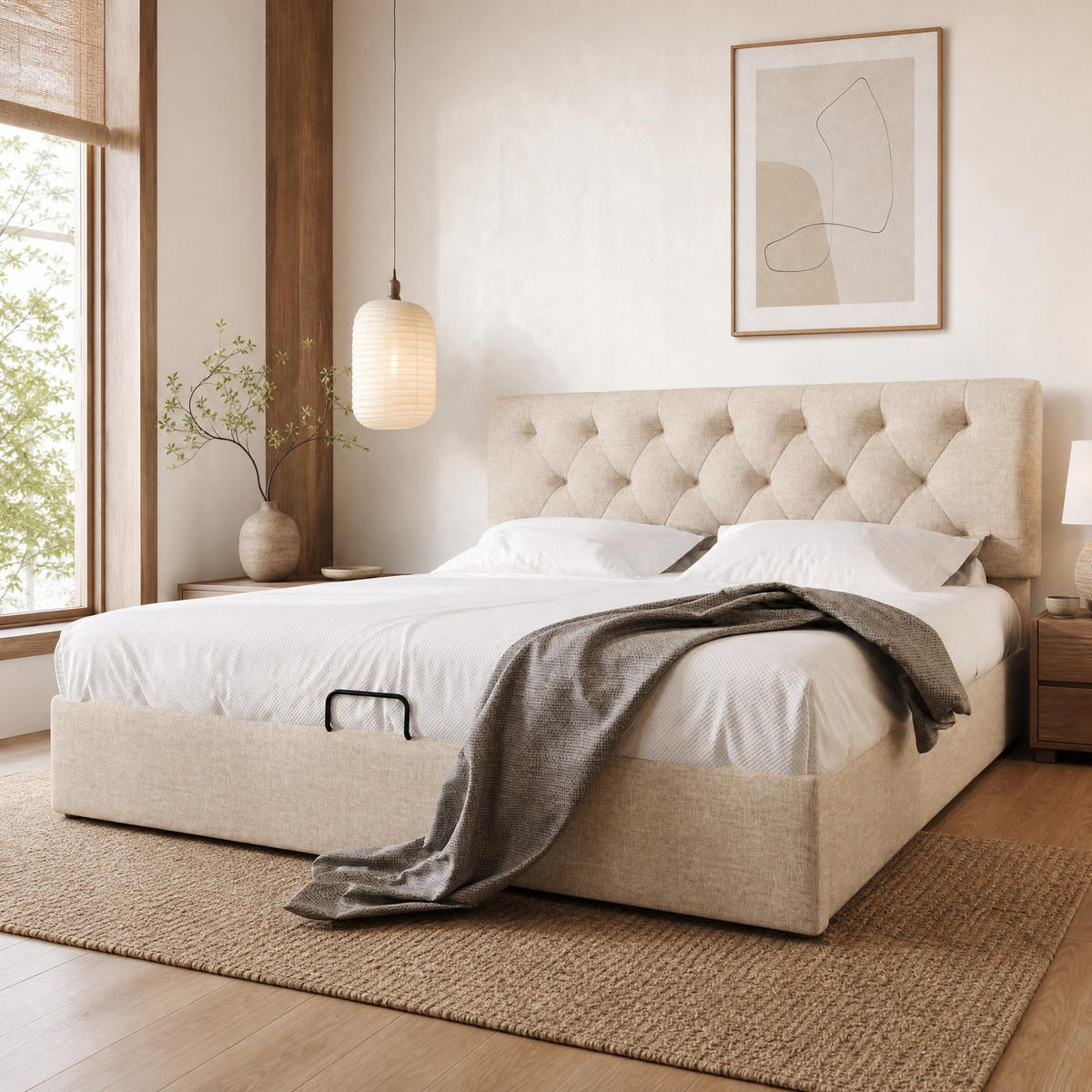 POLSTERBETT 160/200 mit hydraulischem Bettkasten, verstellbarem Kopfteil und Metallrahmen in Natur - Beige, Holzwerkstoff/Textil (160/200cm) - EVRYAE
