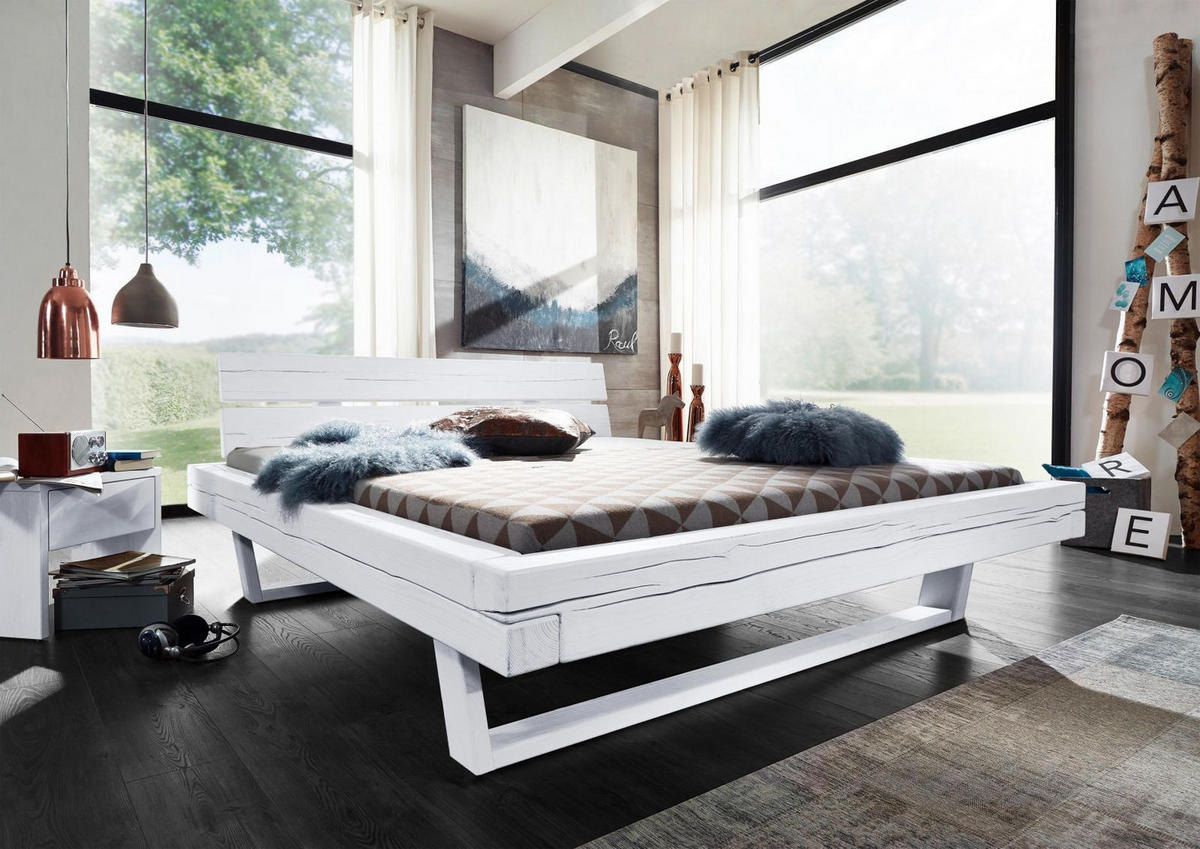 BETT Massivholz Fichte 200 x 200 x 87 weiß BALKENMÖBEL #712 - Weiß, Holz (200/200cm) - Massivmoebel24