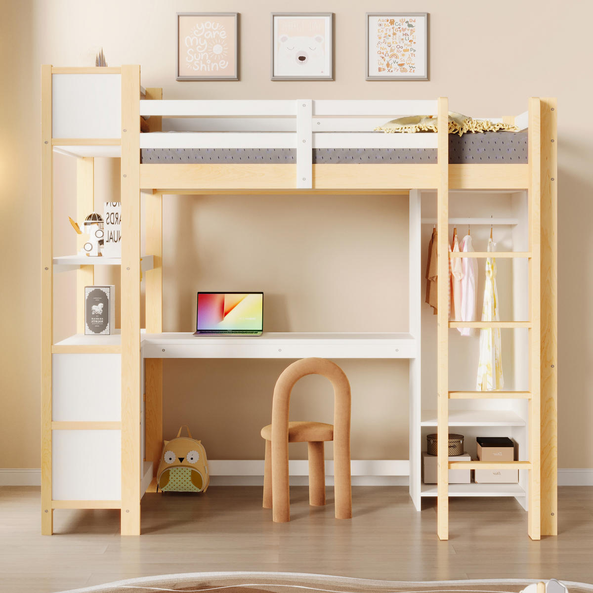 HOCHBETT 90/200 cm in Weiß/Natur mit Schreibtisch, Regalen und Kleiderschrank aus Kiefer - Naturfarben, Holz/Holzwerkstoff (90/200cm) - CHICFURN