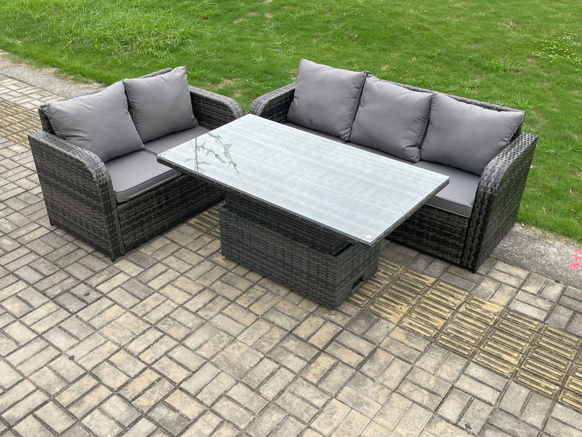GARTENSOFA SET Polyrattan 5-Sitzer - Dunkelgrau/Grau, Glas/Kunststoff - Fimous