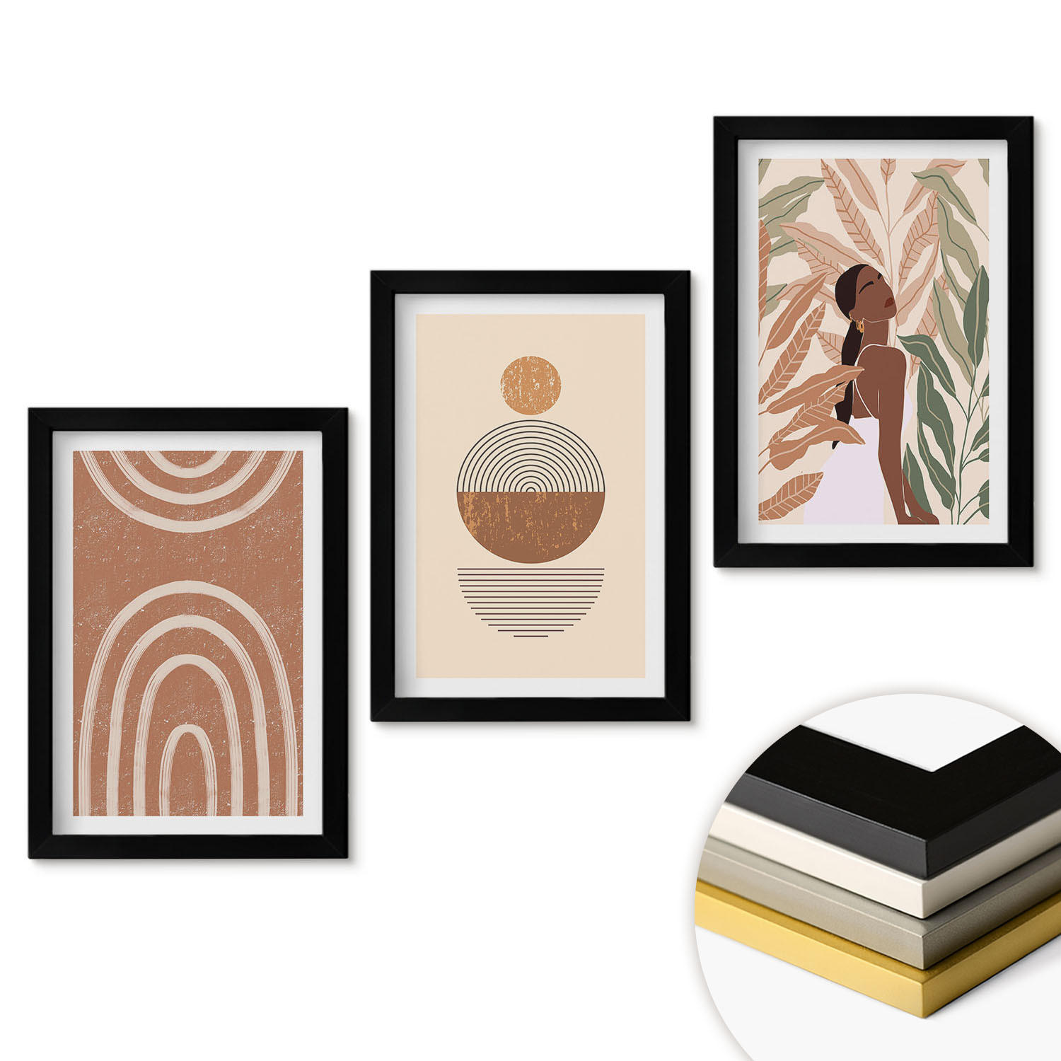 WANDBILDER 3er-Set - 20x30 cm Schwarzer Rahmen - Stilvolle Pflanzenmuster und Geometrie - Schwarz, Kunststoff (20/30cm) - ArtPrintCave