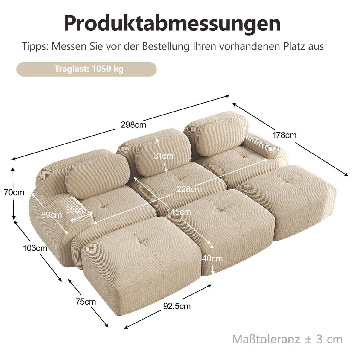 MODULARES Ecksofa aus Cordstoff in Beige 298x178x70 cm mit 32D-Schaumstoff und rutschfester Unterseite - Beige, Textil (178/298cm) - IVMEU