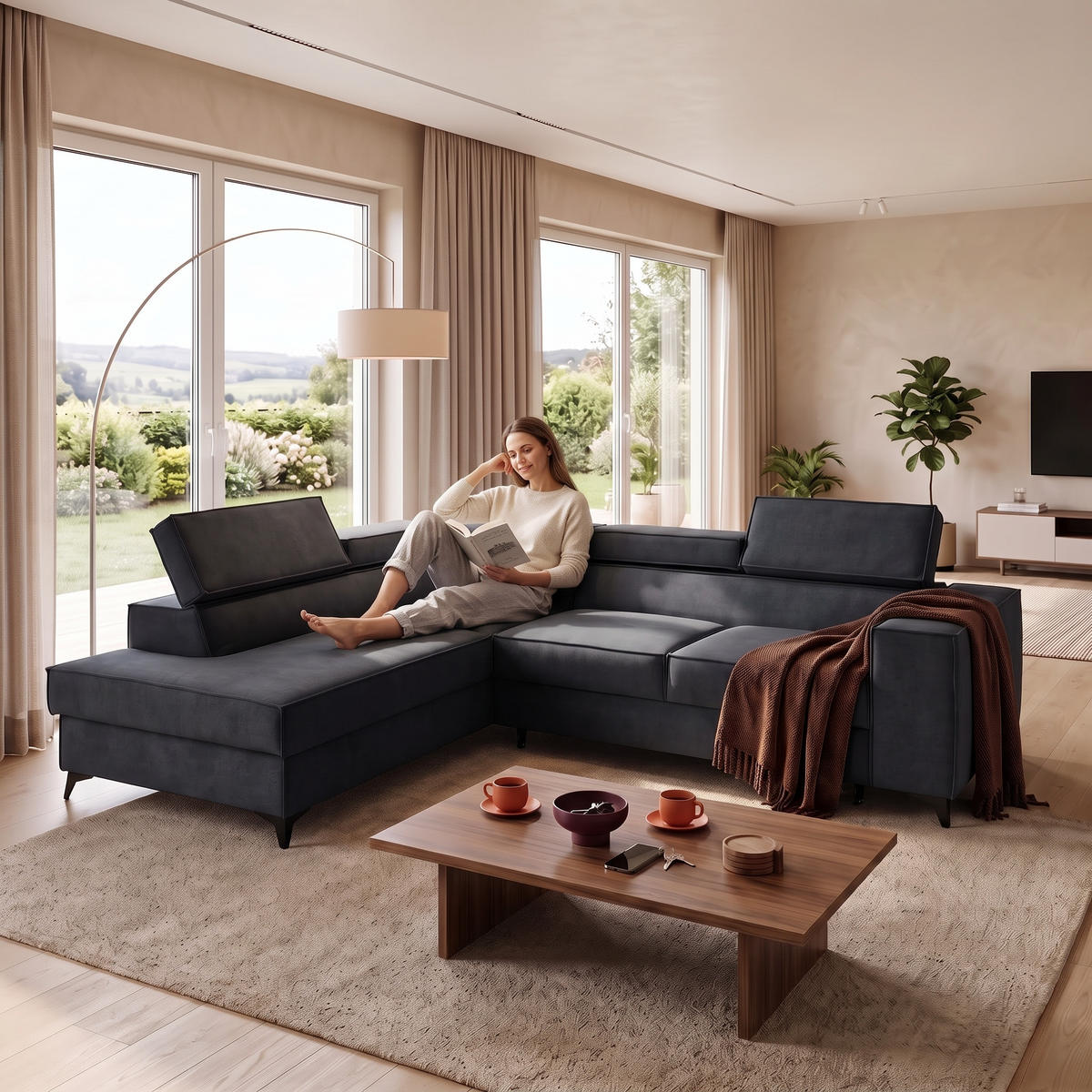 ECKSOFA PURE L Links mit Schlaffunktion 127x199 Velours Graphit - Graphitfarben/Schwarz, Holz/Textil (281/204cm) - Muffo