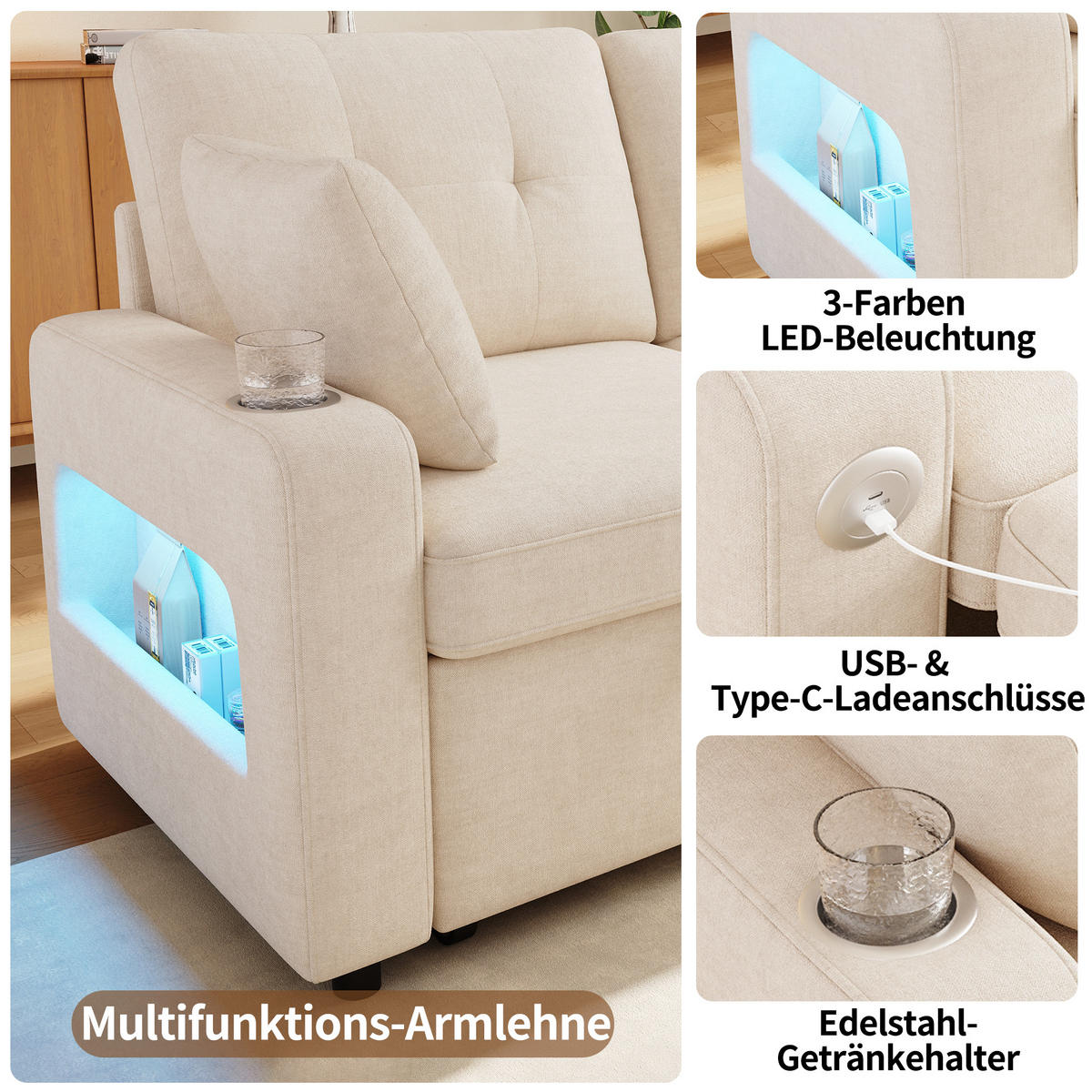 SOFA NA RAZVLAČENJE 2-sjedalo u bež boji s funkcijom spavanja, chenille - bež/crna, drvni materijal/tekstil (141.5/83.5/131cm) - CHICFURN