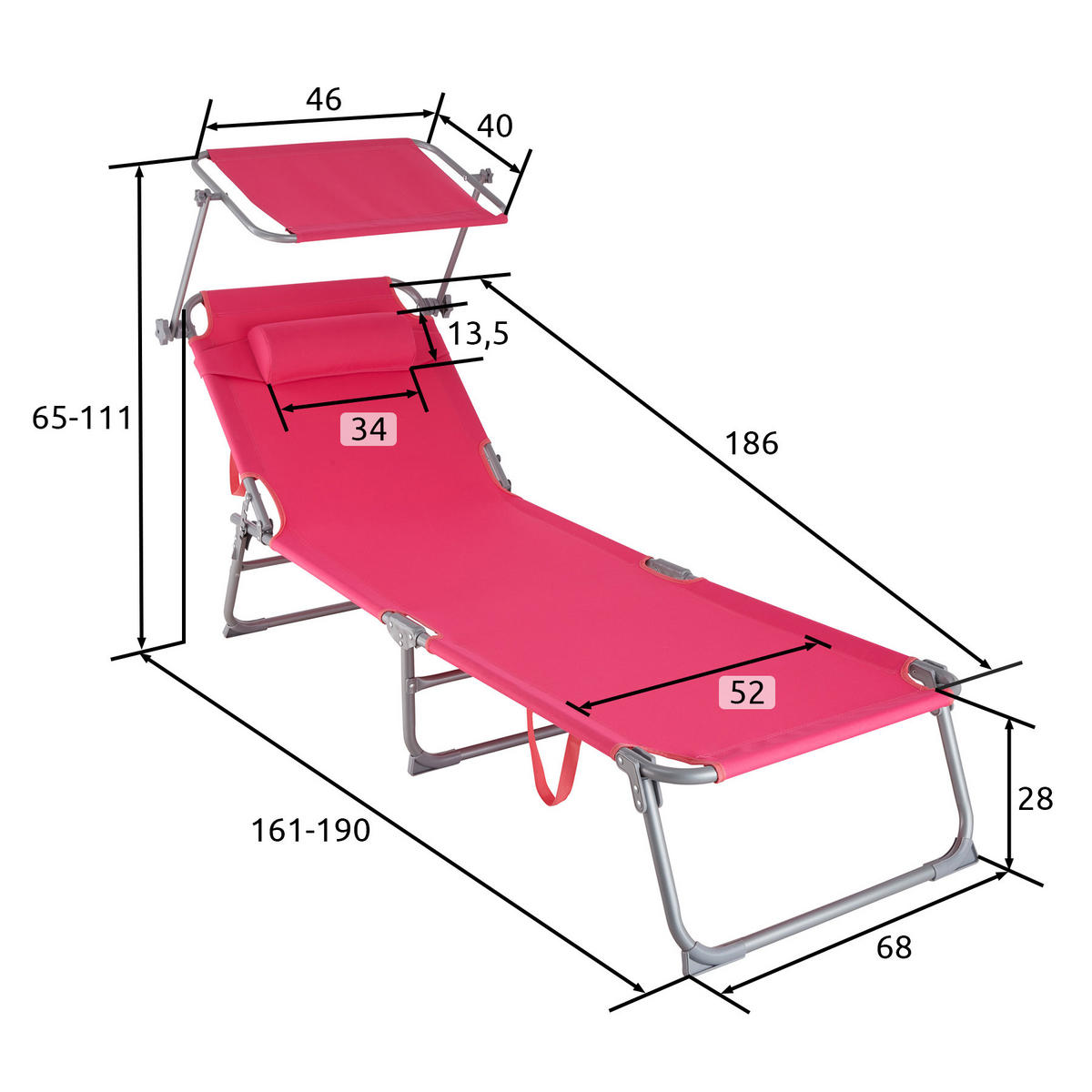 GARTENLIEGE Chloé,190 x 68 x 65 cm,pink - Pink, Kunststoff (68/65/190cm) - tectake