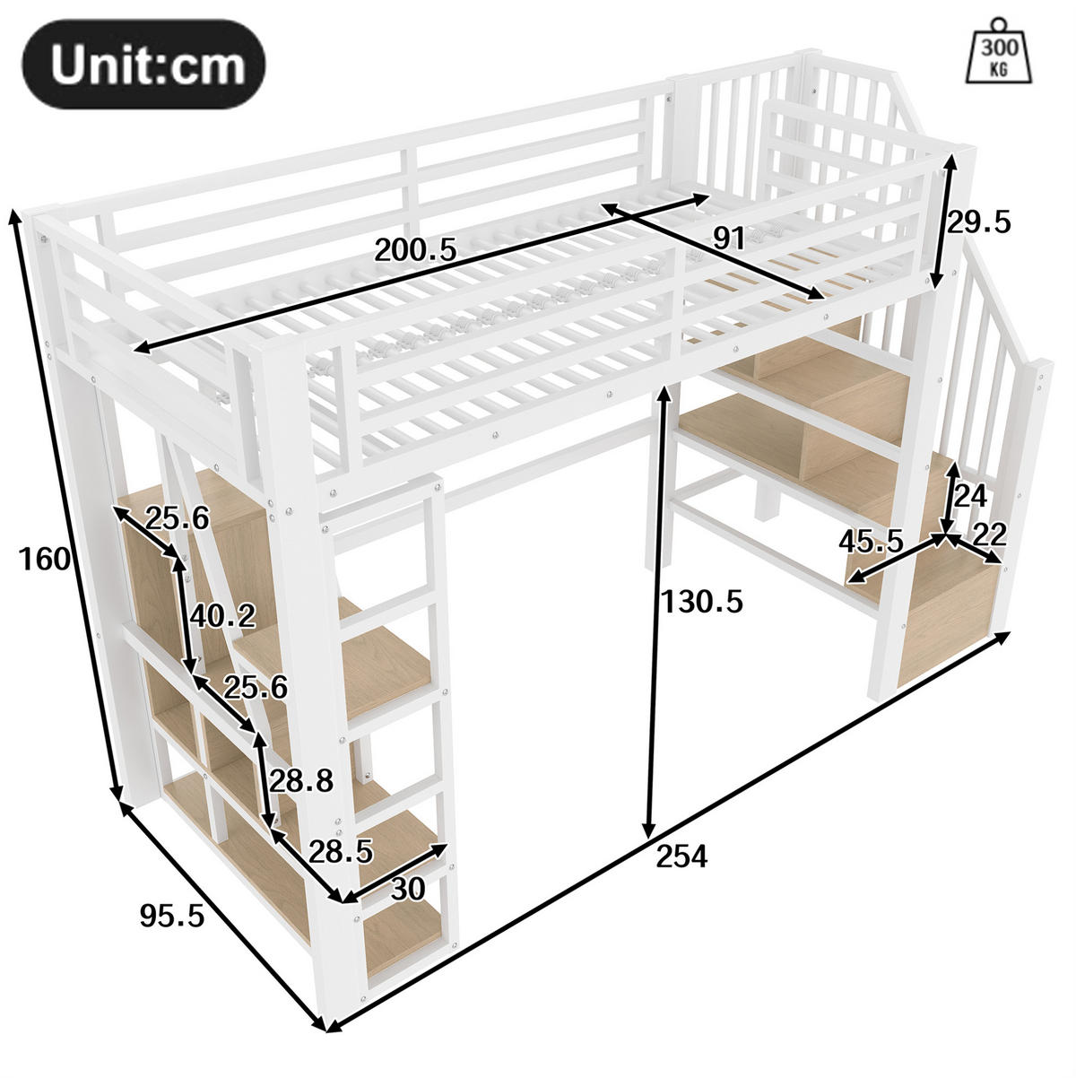 HOCHBETT 90/200 cm Weiß mit LED und Stauraum - Weiß, Metall (90/200cm) - MIVRAY