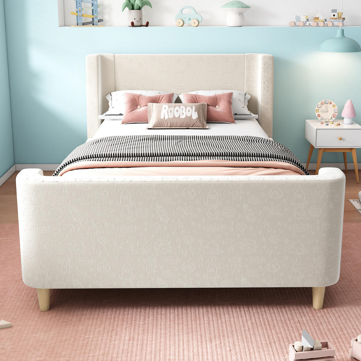 KINDERBETT aus Samt 90x200 cm Beige mit Weltraummuster und Lattenrost - Beige, Textil (90/200cm) - IVMEU