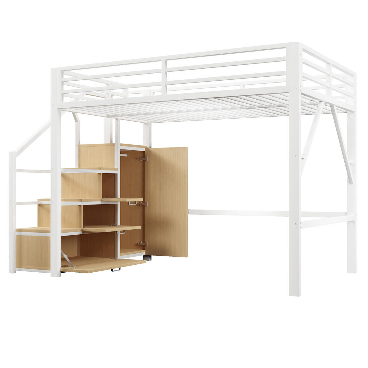HOCHBETT mit Kleiderschrank und Staufächern 140x200 cm Metall Weiß - Weiß, Metall (140/200cm) - Meubliv
