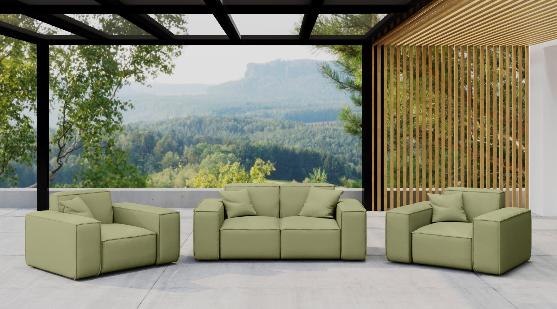 LOUNGEGARNITUR 2 1 1 Gartenmöbel, MALIBU Stoff Odyssey Hellgrün - Hellgrün, Holz - Kaiser Möbel