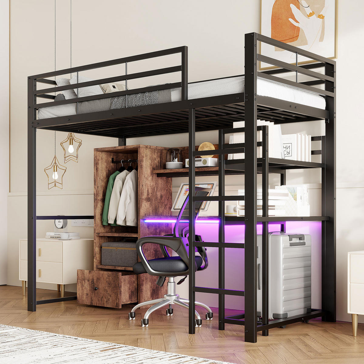 HOCHBETT 90/200 cm in Schwarz mit Schreibtisch, 1 Schublade, Regal und LED - Schwarz, Holzwerkstoff/Metall (90/200cm) - STILVORA