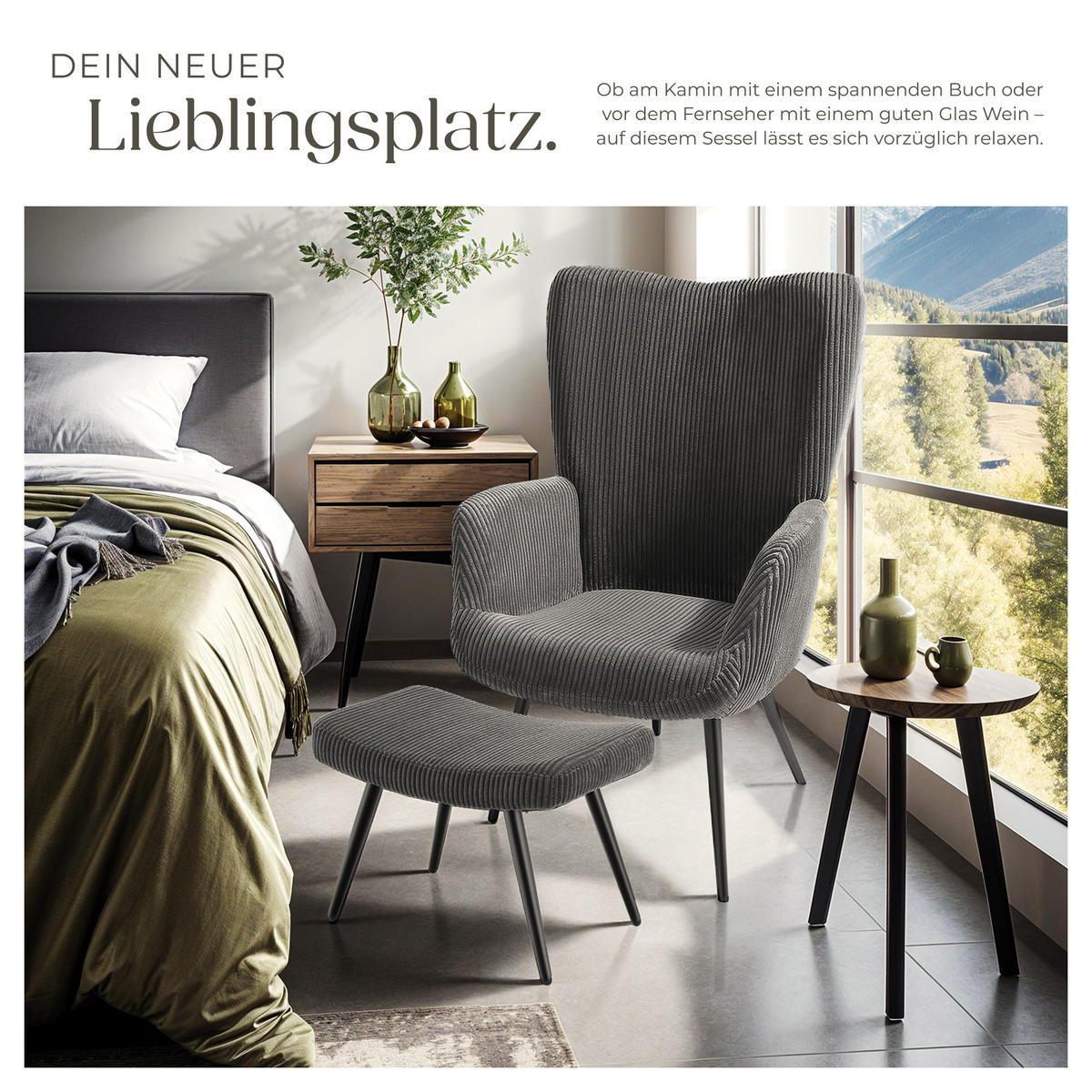 SESSEL Hygge,72 x 76 x 100,5 cm,Breitcord anthrazit/schwarz - Anthrazit/Schwarz, Kunststoff (72/100.5/76cm) - tectake