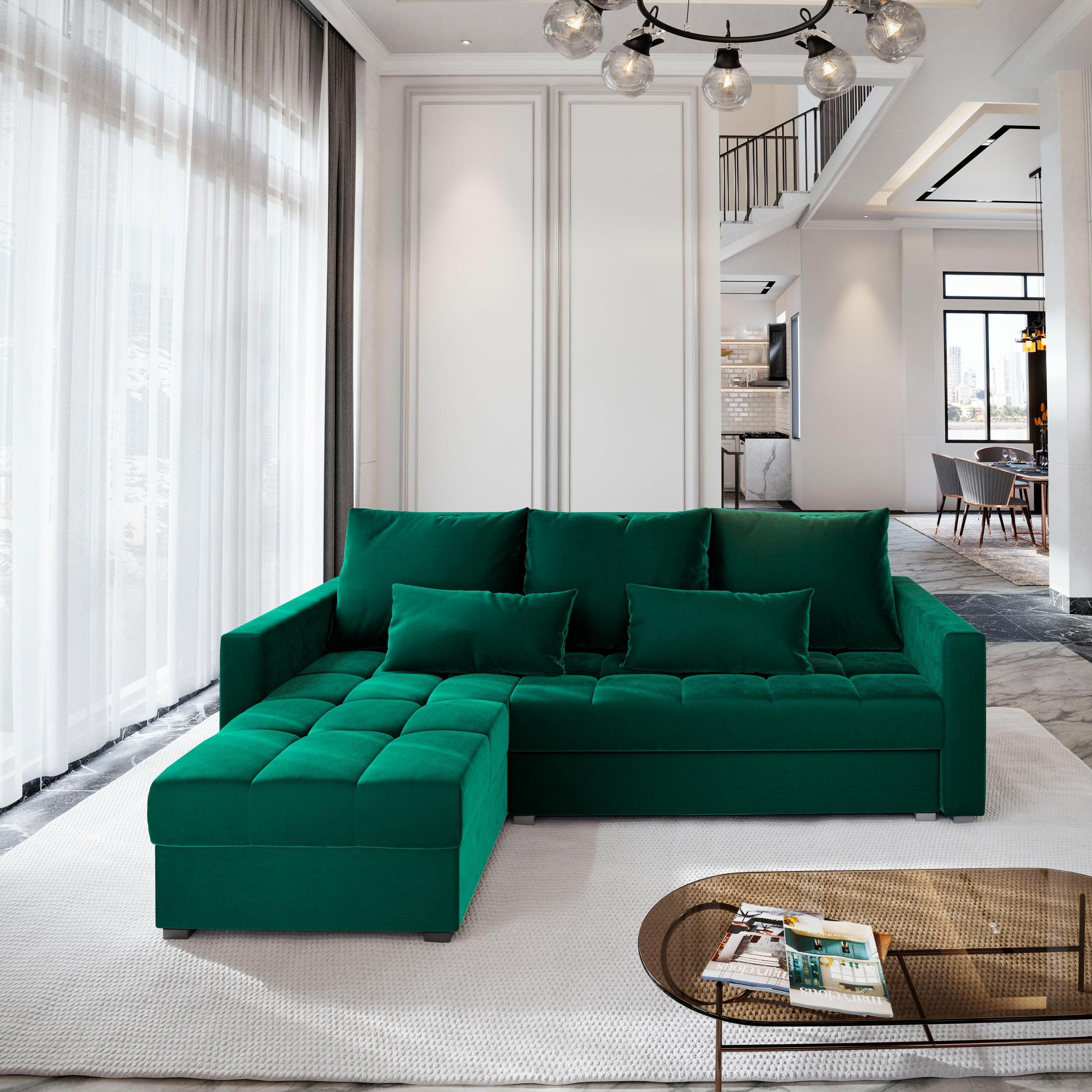 ECKSOFA KOS PIK Grün Plüsch-Stoff mit Schlaffunktion - Grün, Holz (220/140cm) - MASSENO