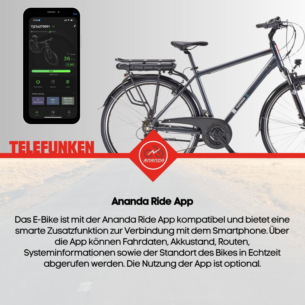 E-BIKE XT485 Trekking Elektrofahrrad 21-Gang Shimano Kettenschaltung, Pedelec, 14,5Ah, 37V Akku - Anthrazit, Metall (112cm) - Telefunken