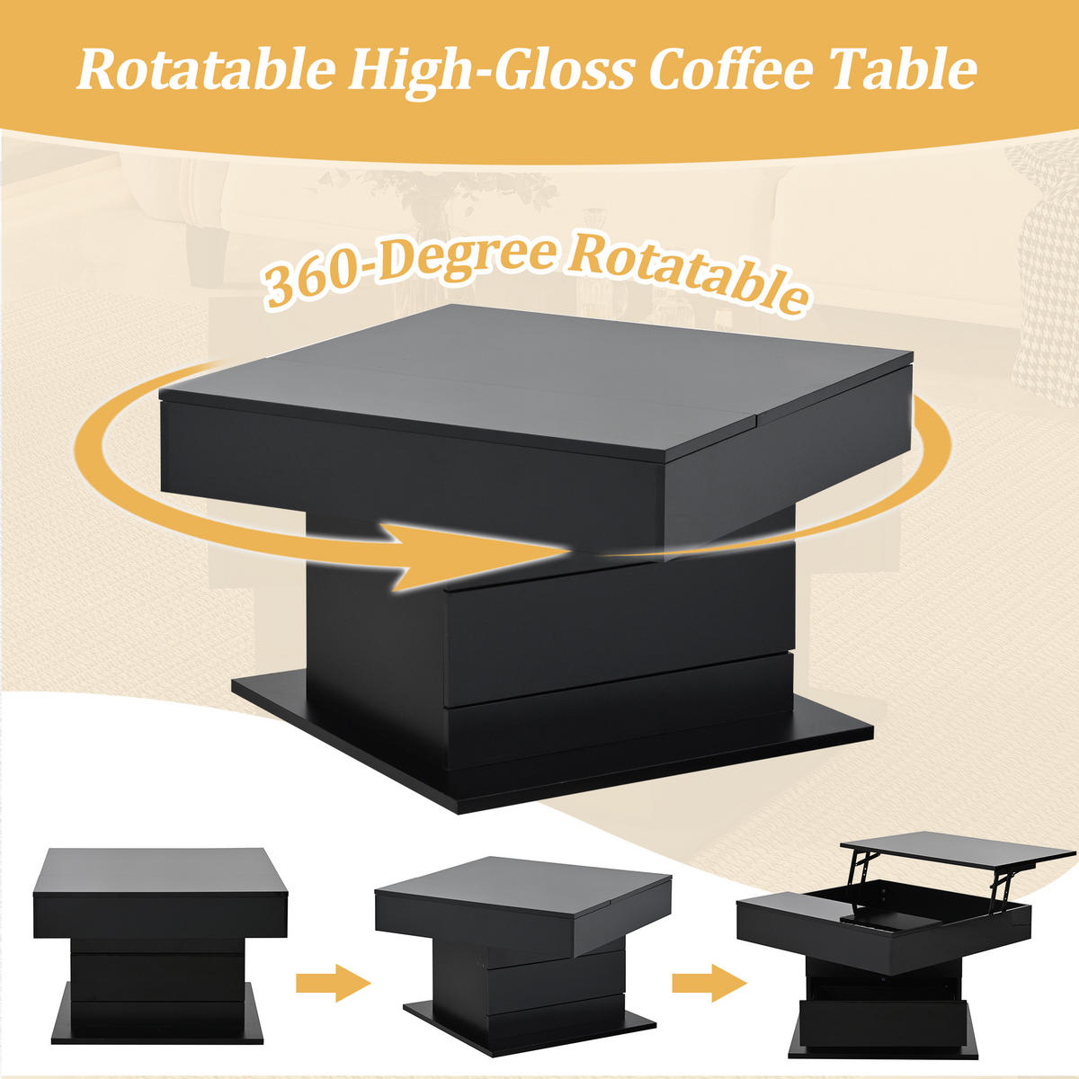COUCHTISCH, drehbare Liftplatte, Hochglanz Schwarz, 1 Schublade & Stauraum, 70/70/45–59 cm,Schwarz - Schwarz, Holzwerkstoff (70/70/45cm) - Redom