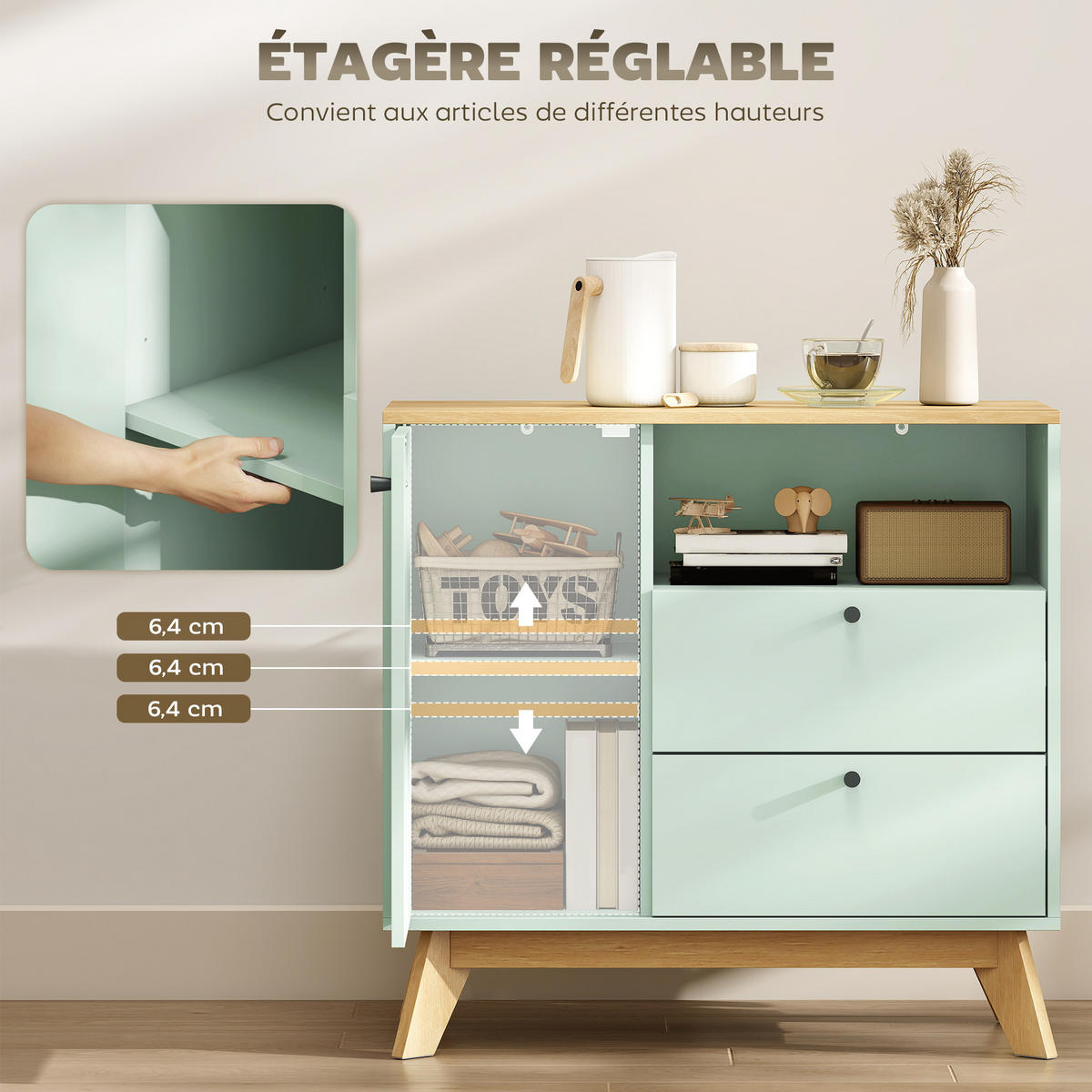 SIDEBOARD Hellgrün und Eiche-Nachbildung, 1 Tür, 2 Schubladen, 80/35/76,3 cm - Hellgrün, Holz (80/76.3/35cm) - PANGIVO