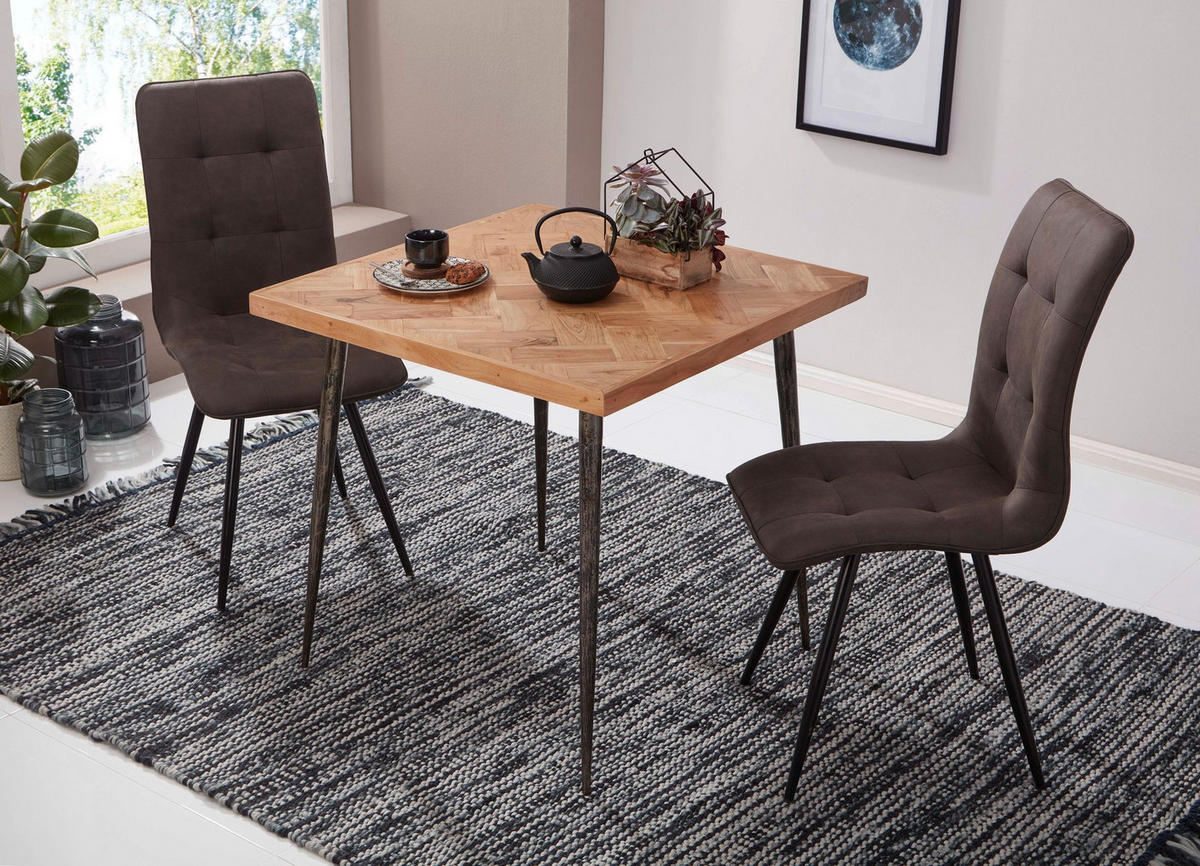 ESSZIMMERTISCH – Akazie Fischgrätmuster Metallbeine 80x80 cm Industrial - Beige/Anthrazit, Holz/Metall (80/80/76cm) - KADIMA DESIGN