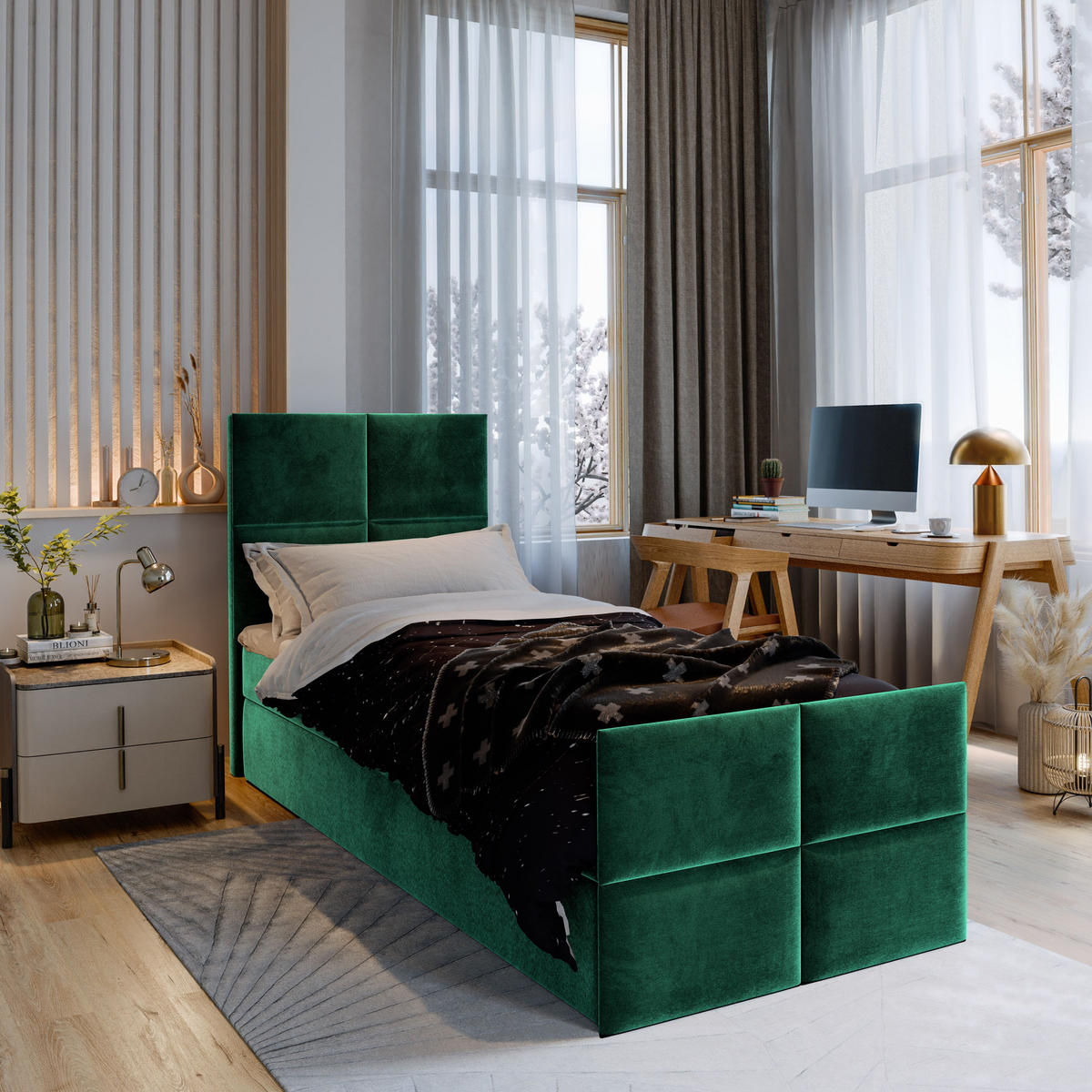 BOXBETT ARIEL 90 90x200 cm mit Matratze und Topper - Grün - Grün, Holz (90/200cm) - MASSENO