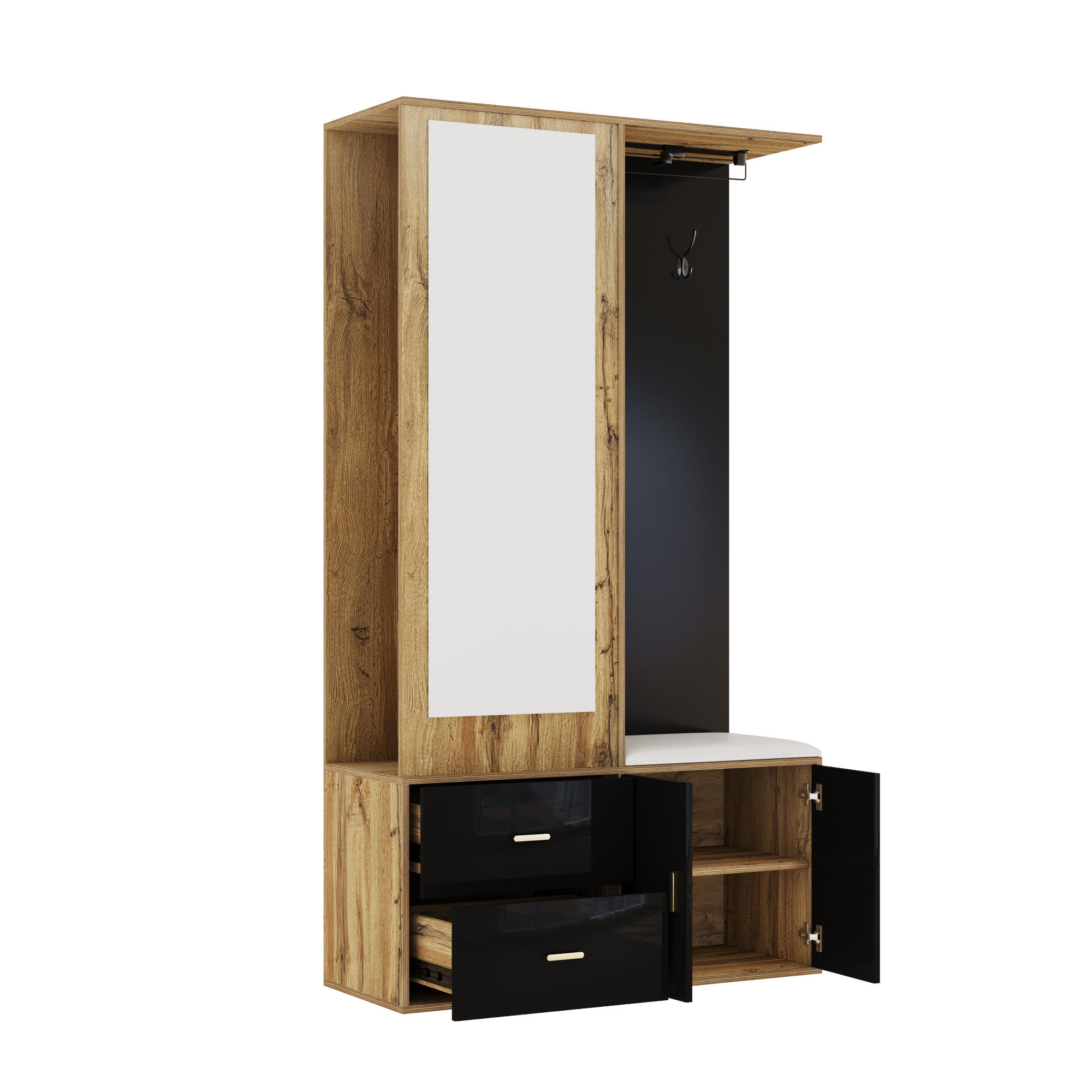 GARDEROBENSET Schwarz Holz Spiegel Schuhschrank Kleiderbügel - Schwarz, Holzwerkstoff (38/180/100cm) - FLIEKS