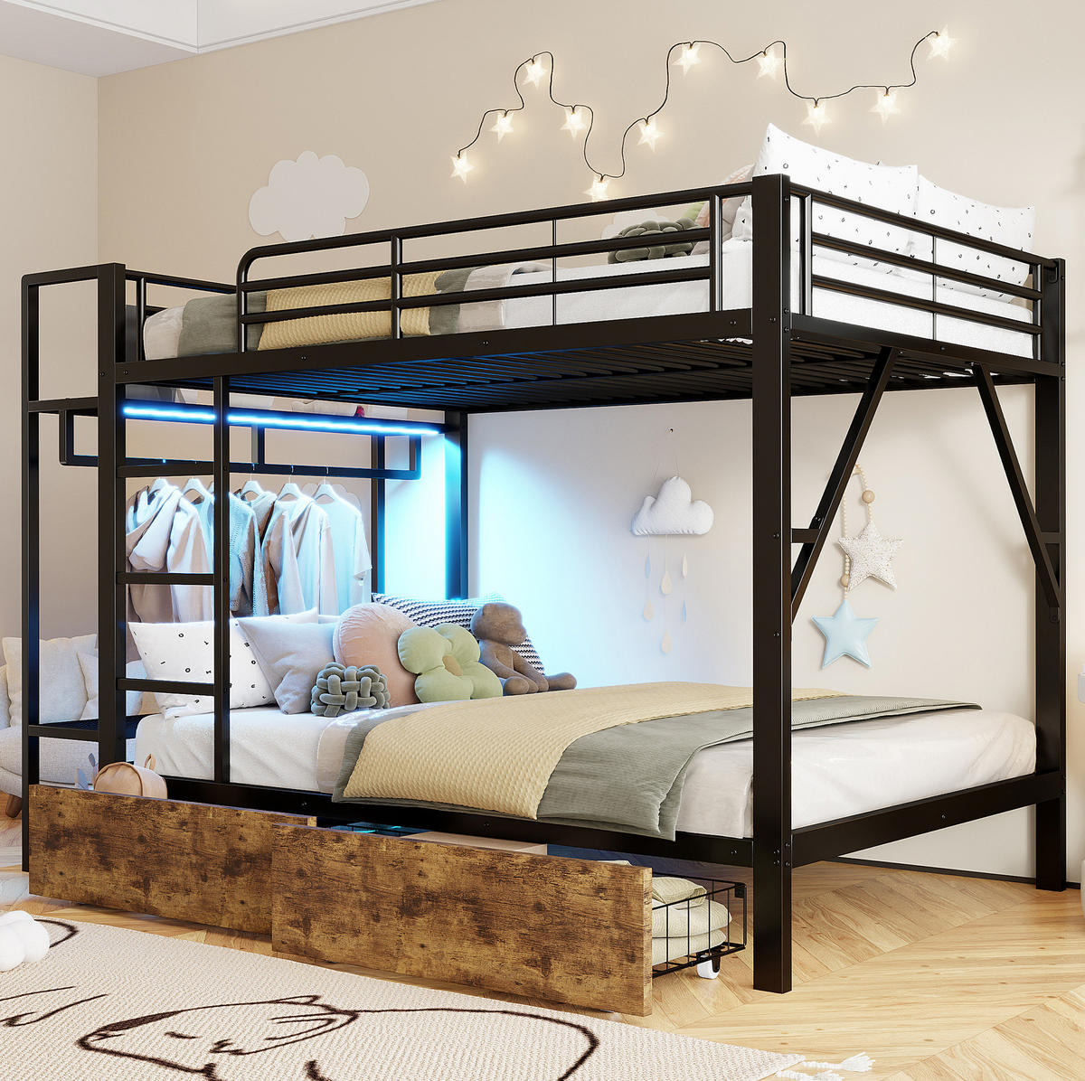 ETAGENBETT 140/200 cm Schwarz mit LED-Beleuchtung und 2 Schubladen - Schwarz, Metall (140/200cm) - Flora Grace