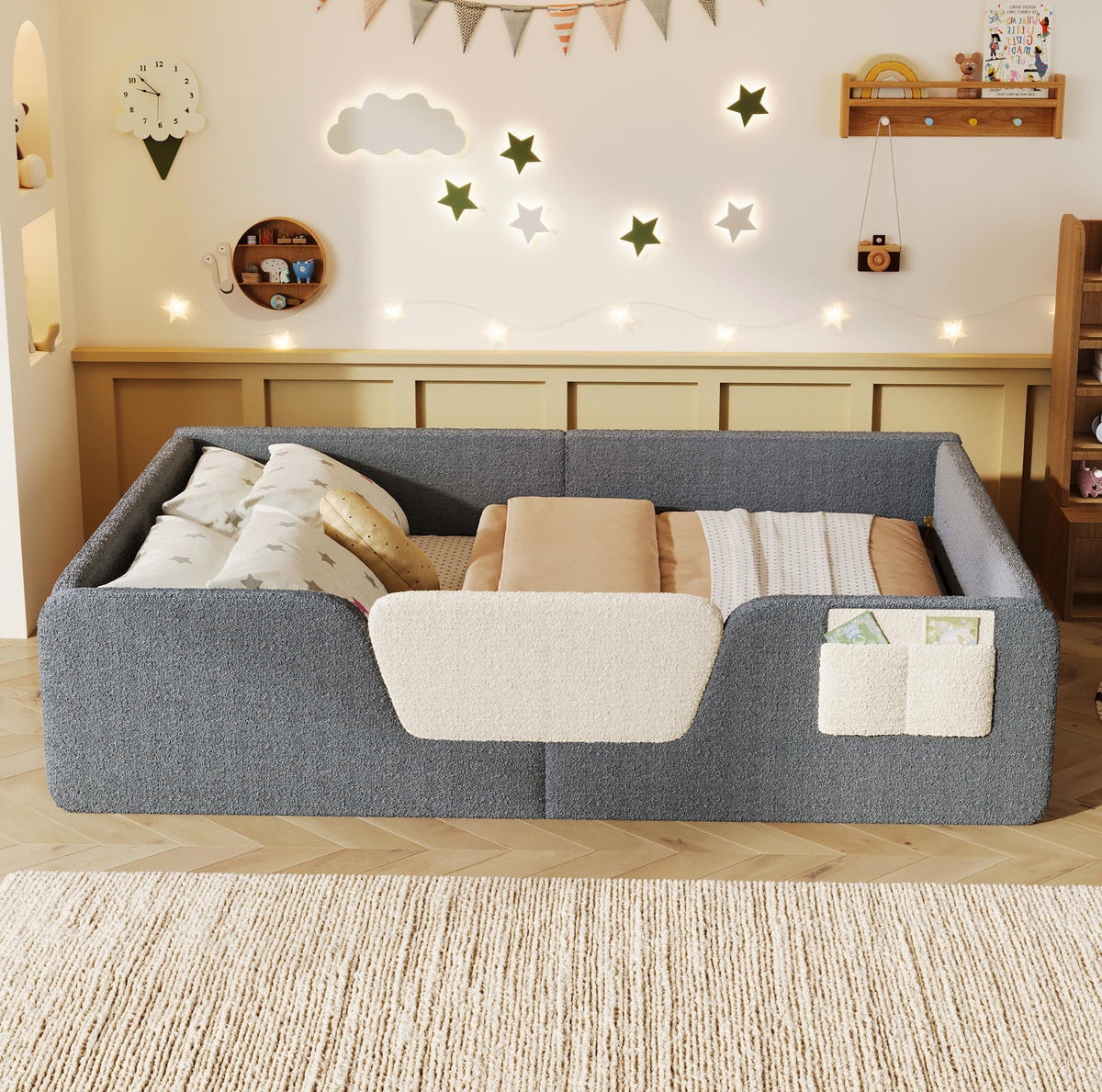 KINDERBETT aus Samt 140x190 cm Grau mit abnehmbaren Seitengittern, Stofftasche und gepolstertem Rundumschutz - Grau, Textil (140/190cm) - Modfu