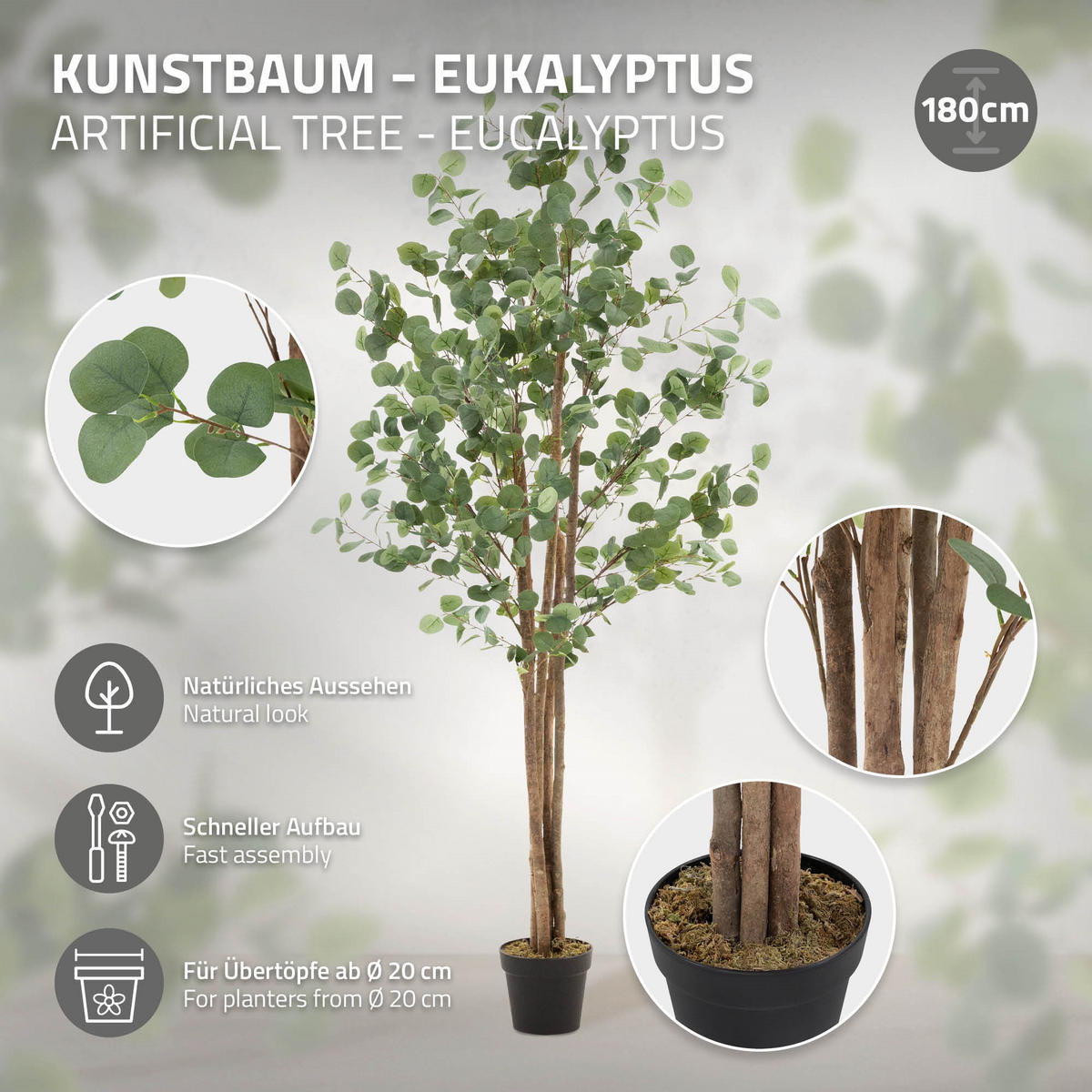 KUNSTPFLANZE Eukalyptus - Anthrazit/Grün, Holz/Kunststoff (180cm) - ML-DESIGN