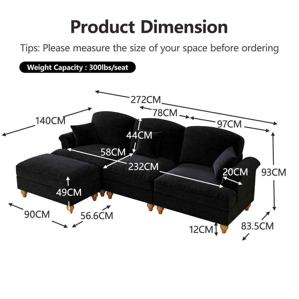 ECKSOFA aus Chenille in Schwarz mit abnehmbarem Rüschenrock - Schwarz, Textil (140/93/272cm) - Modfu