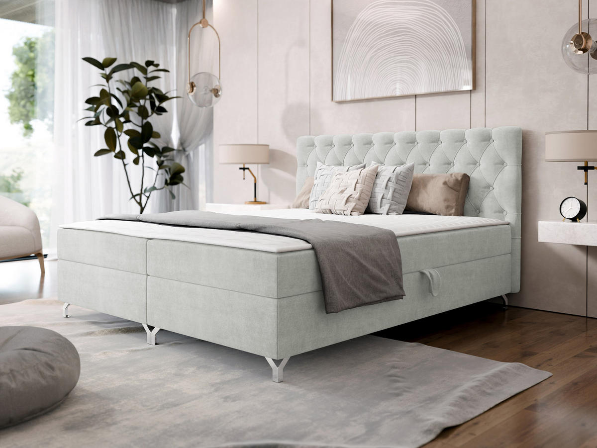 BOXBETT Chester 2 - Silberfarben/Hellgrau, Holz/Textil (140/200cm) - MIRJAN24