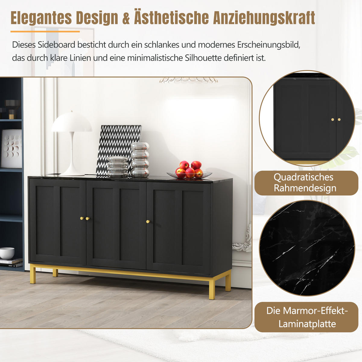SIDEBOARD 140 cm in Weiß & Marmor-Optik 3 Türen - Schwarz, Holzwerkstoff (140/80/40cm) - Urban Meuble