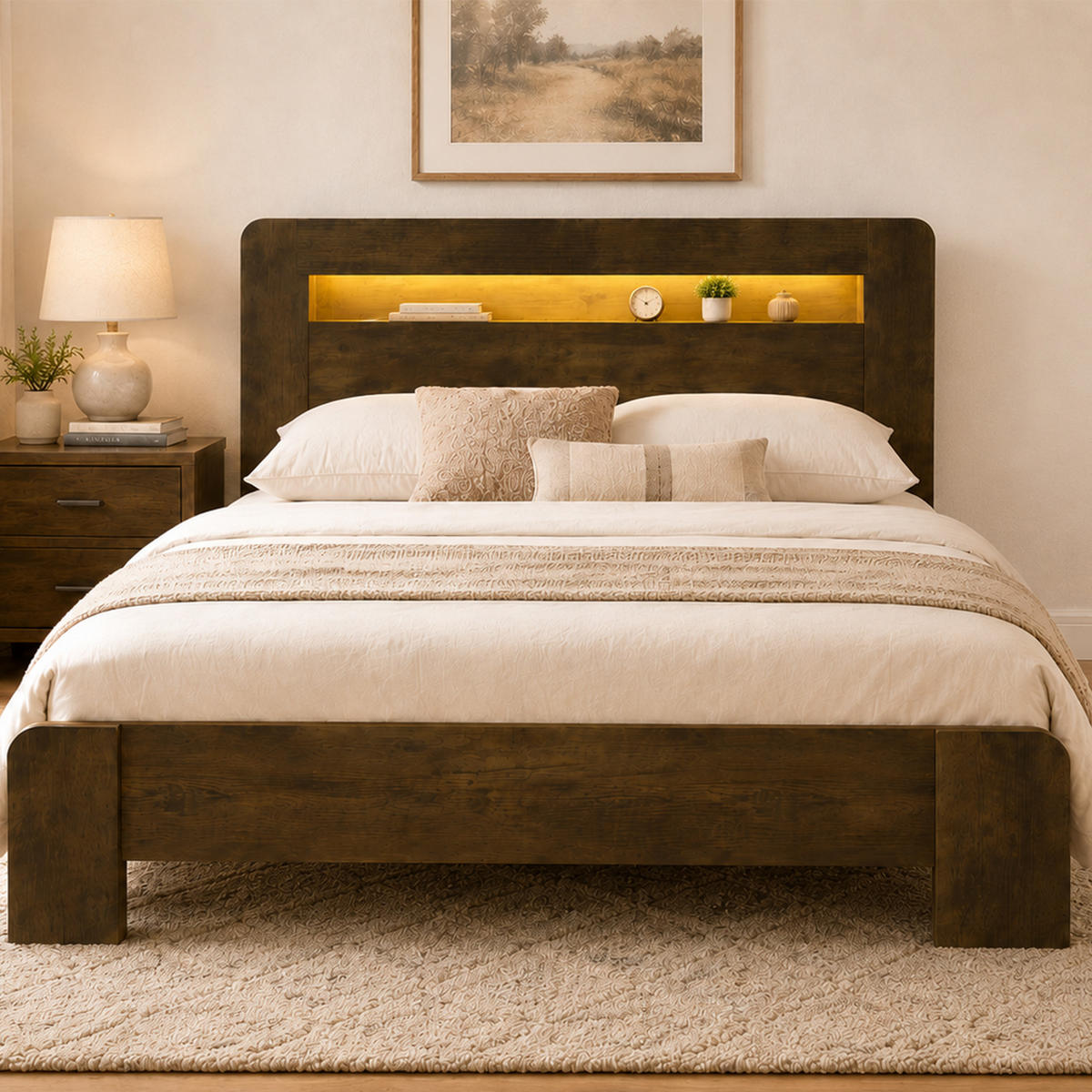 BETT 140/200 cm in Holz mit Stauraum, LED und Steckdosen - Nussbaumfarben, Holz/Holzwerkstoff (140/200cm) - WISHDOR