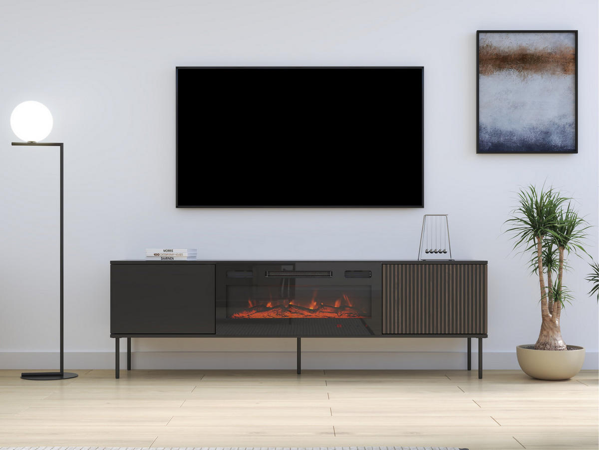 TV-LOWBOARD 180 Notte 05 mit Kamin - Nussbaumfarben/Schwarz, Holzwerkstoff/Metall (182/57/39cm) - MIRJAN24