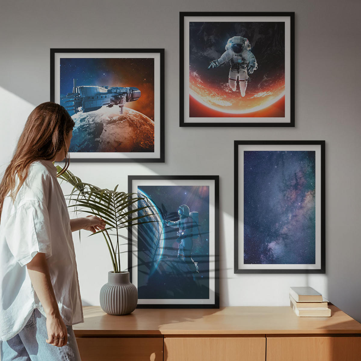 WANDBILDER 4er-Set - 50x50 cm & 40x60 cm Schwarzer Rahmen - Weltraum-Astronauten-Sterne - Schwarz, Kunststoff (50/50cm) - ArtPrintCave