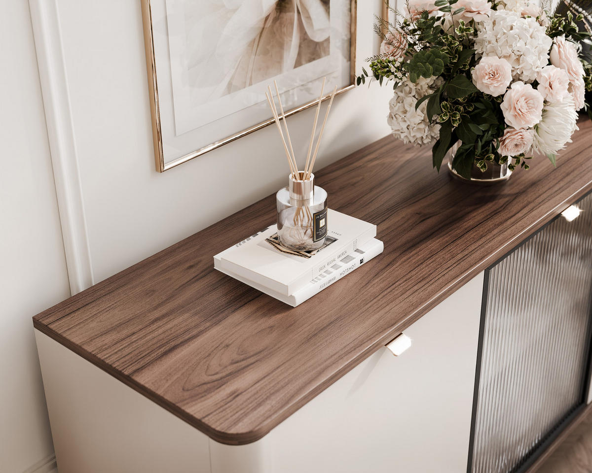 KOMMODE mit Vitrine NAVANI 160 cm Kaschmir Nuss - Kaschmir/Goldfarben, Holzwerkstoff/Metall (160/82/40cm) - Idohome