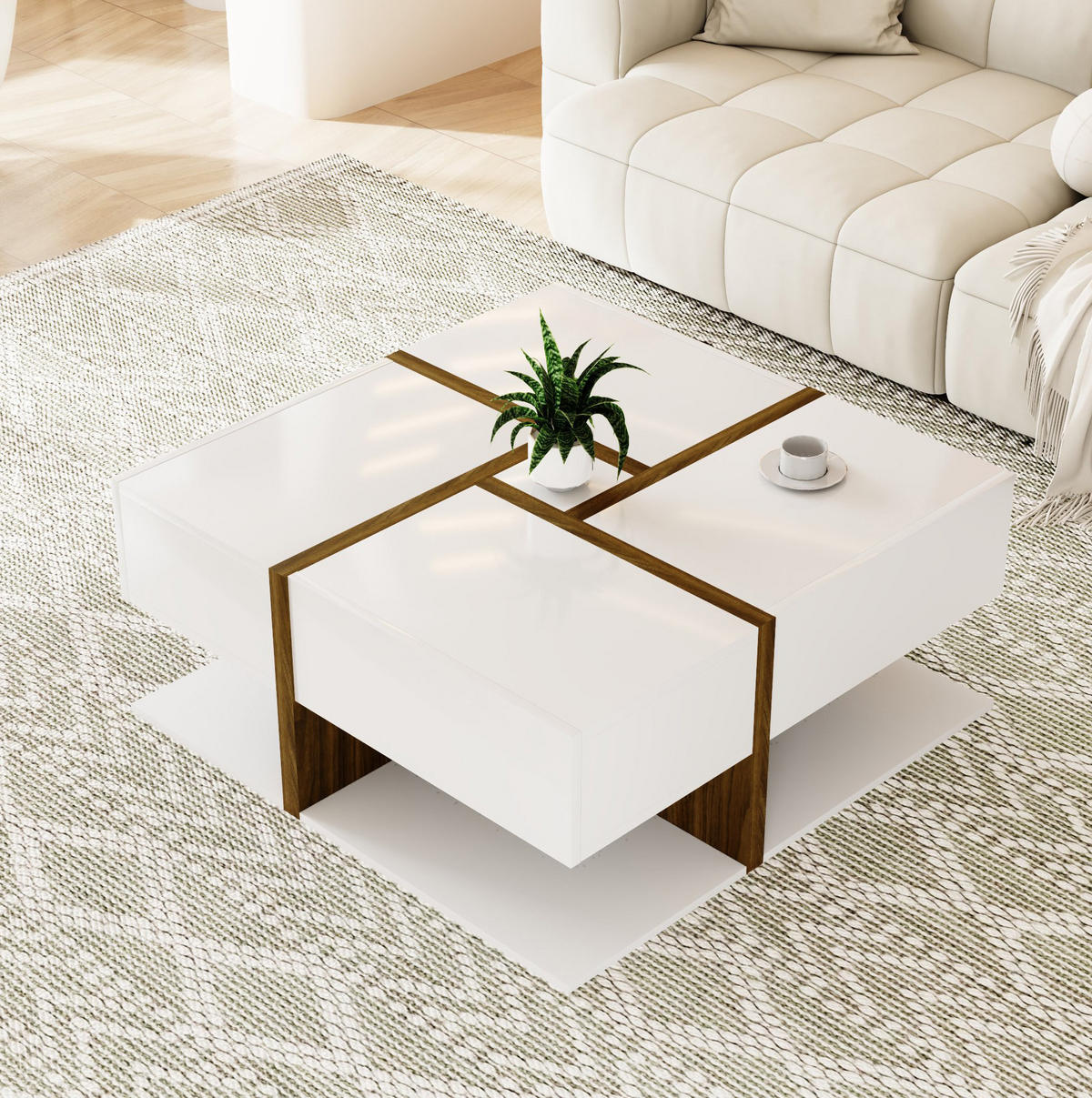 COUCHTISCH 78/78/34.8 cm Weiß und Holzfarbe aus Spanplatte mit 4 Schubladen und Hochglanzoberfläche - Weiß, Holzwerkstoff (78/78/34.8cm) - OKMYHOME
