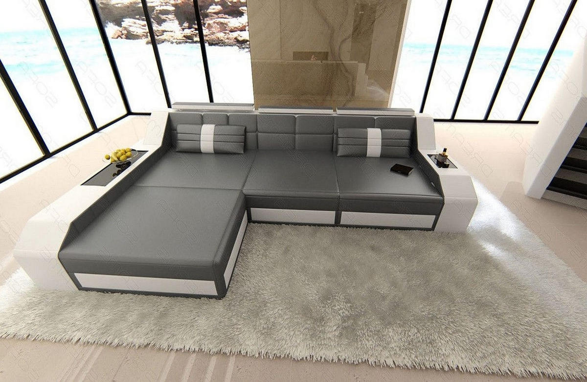 COUCH Arezzo L Grau Weiß Ledermix - Grau, Textil (308/194cm)