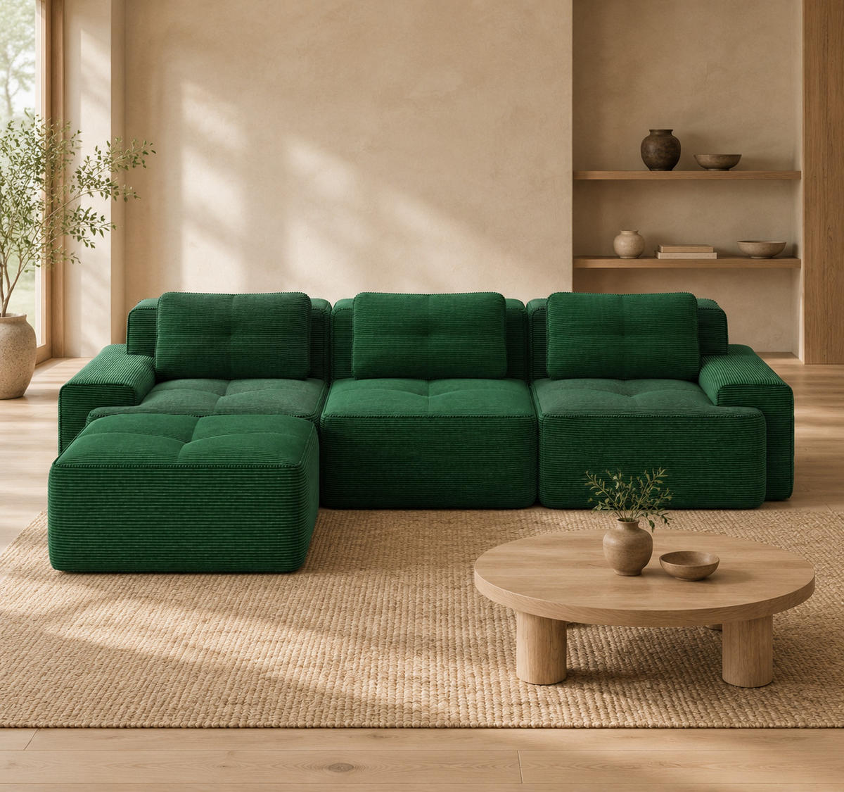 MODULARES Ecksofa aus Cord in Grün 293x177x69 cm mit Ottomane, tiefem Sitz und breiten Armlehnen - Grün, Textil (177/293cm) - IVMEU