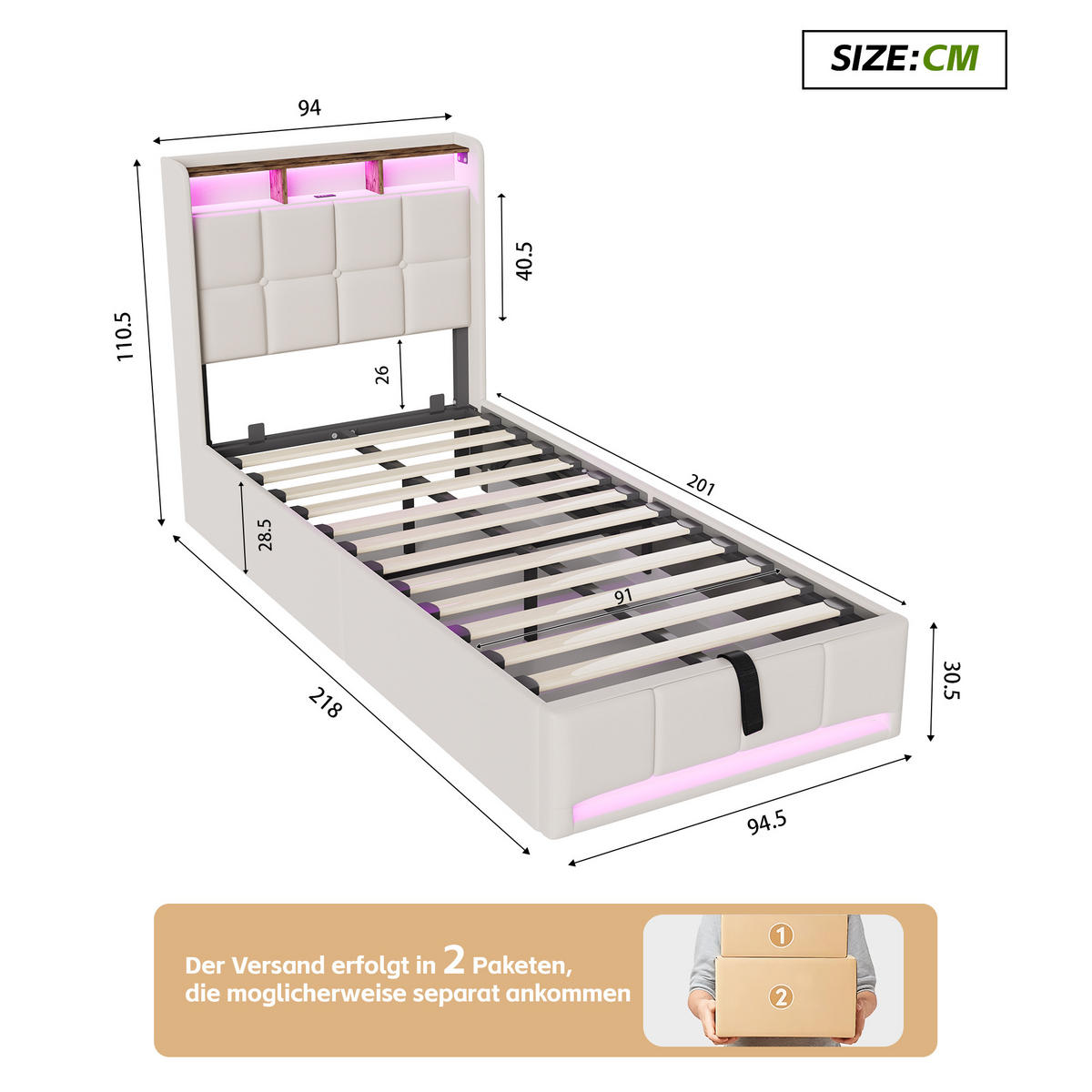 POLSTERBETT 90x200 cm Beige mit LED Beleuchtung, Kopfteil mit Stauraum und USB/Type-C, hydraulisches Stauraumbett - Beige, Metall (90/200cm) - EuroLiving