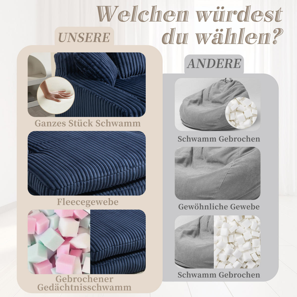 BIGSOFA 125/155/63 cm in Marineblau aus Cord mit Chaiselongue-Charakter - Dunkelblau, Textil (63/125/155cm) - BEAOK