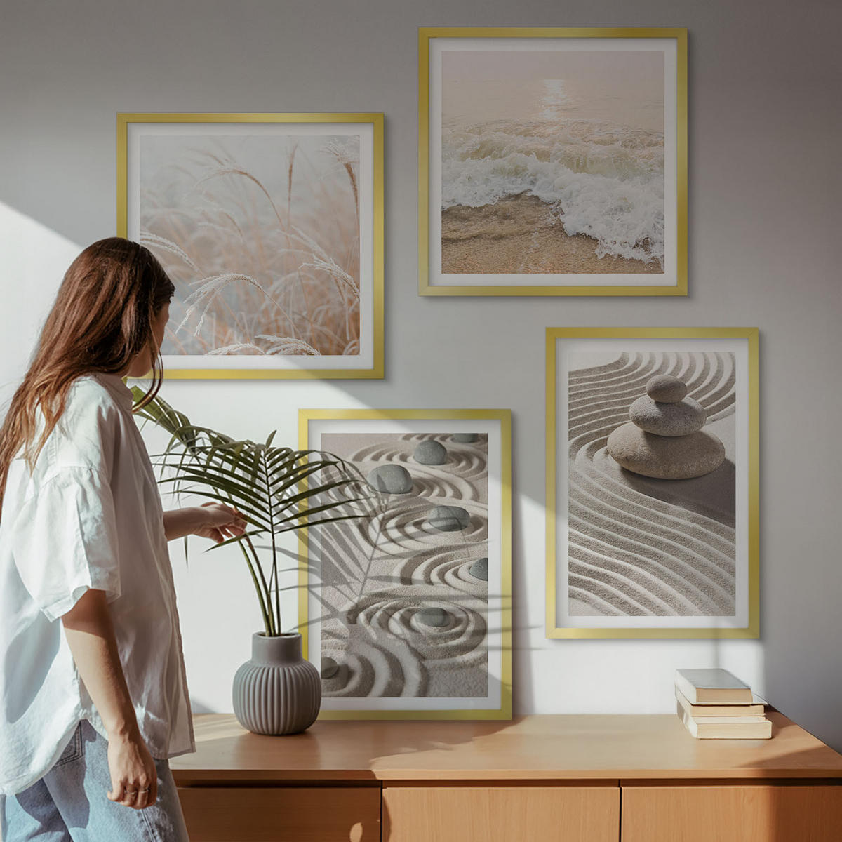 BILDER SET 4er Set - 50x50 cm & 40x60 cm Goldrahmen - Wellen, Sand, Wasser, Steine, Strand - Goldfarben, Kunststoff (50/50cm) - TULUP