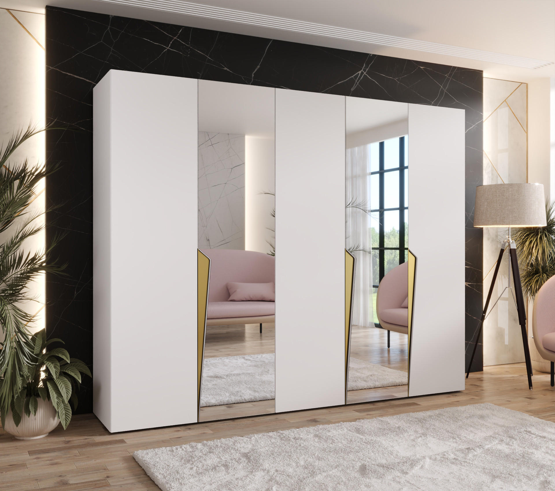 DREHTÜRENSCHRANK 202/250/52 5-türig - Goldfarben/Weiß, Holz/Metall (250/202/52cm) - Abiks Möbel