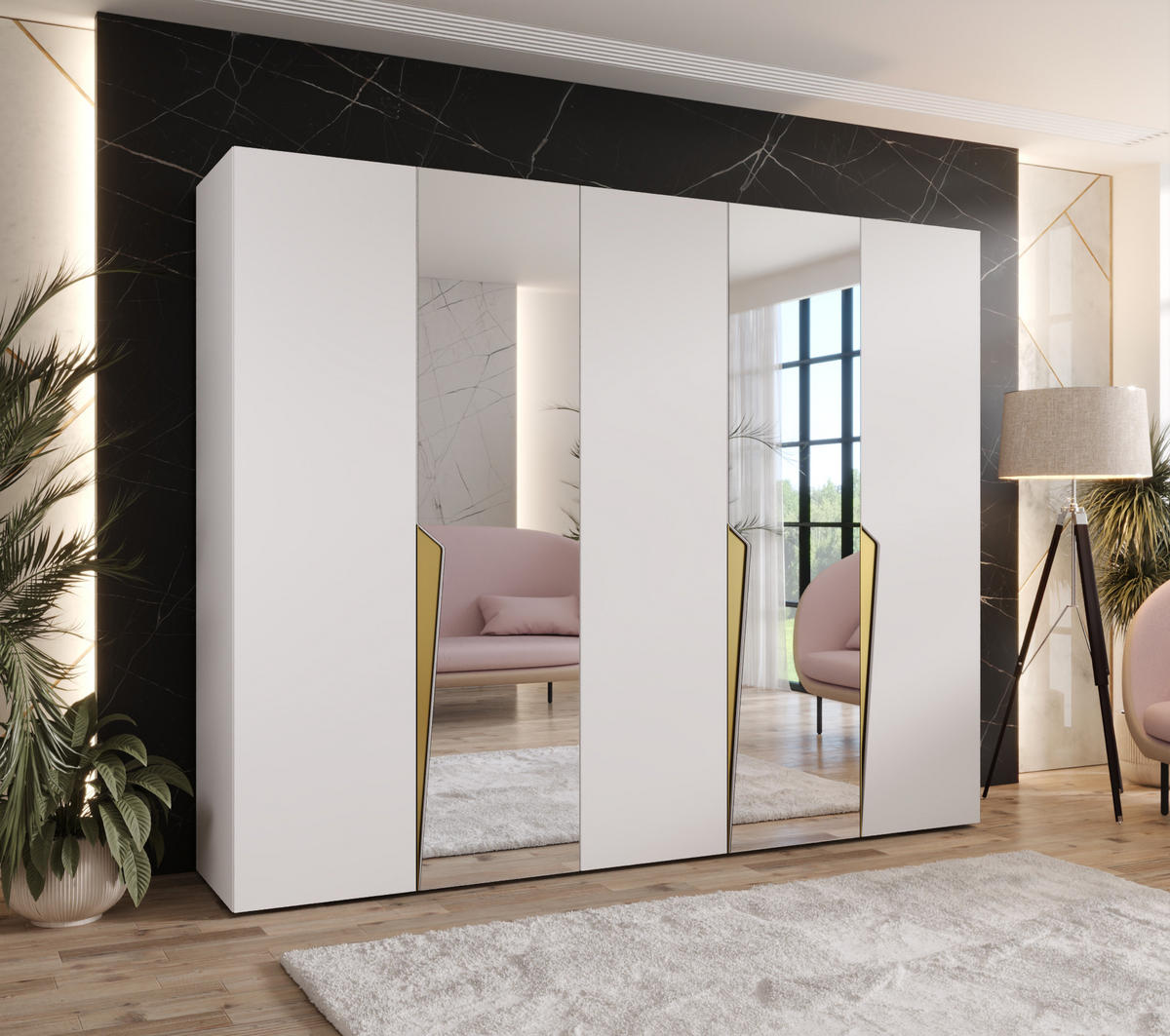 DREHTÜRENSCHRANK 202/250/52 5-türig - Goldfarben/Weiß, Holz/Metall (250/202/52cm) - Abiks Möbel