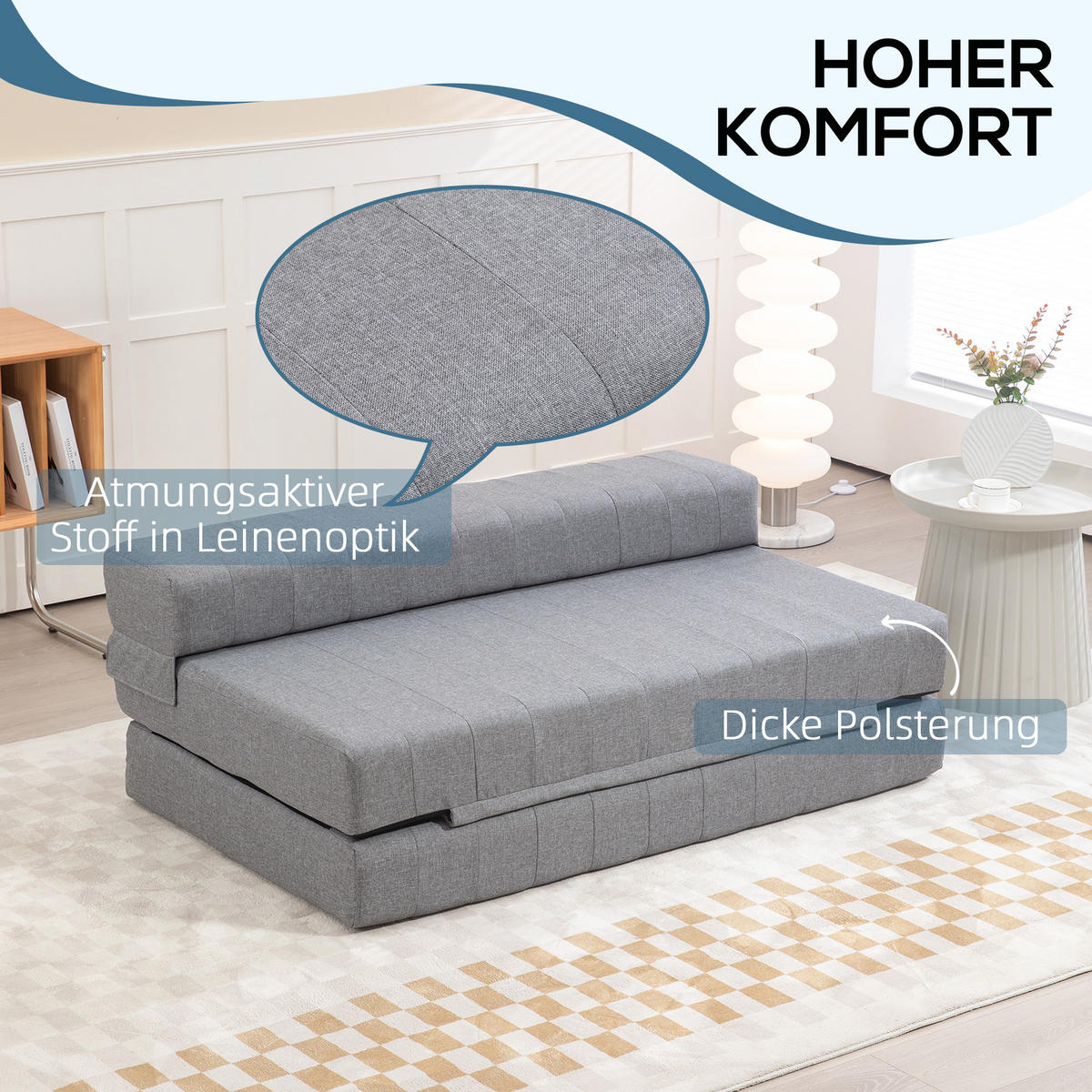 BODENSOFA 2-in-1 Klappbar Schlafsofa mit Leinenoptik für Wohnzimmer Grau - Grau, Textil (80/50/138cm) - HOMCOM