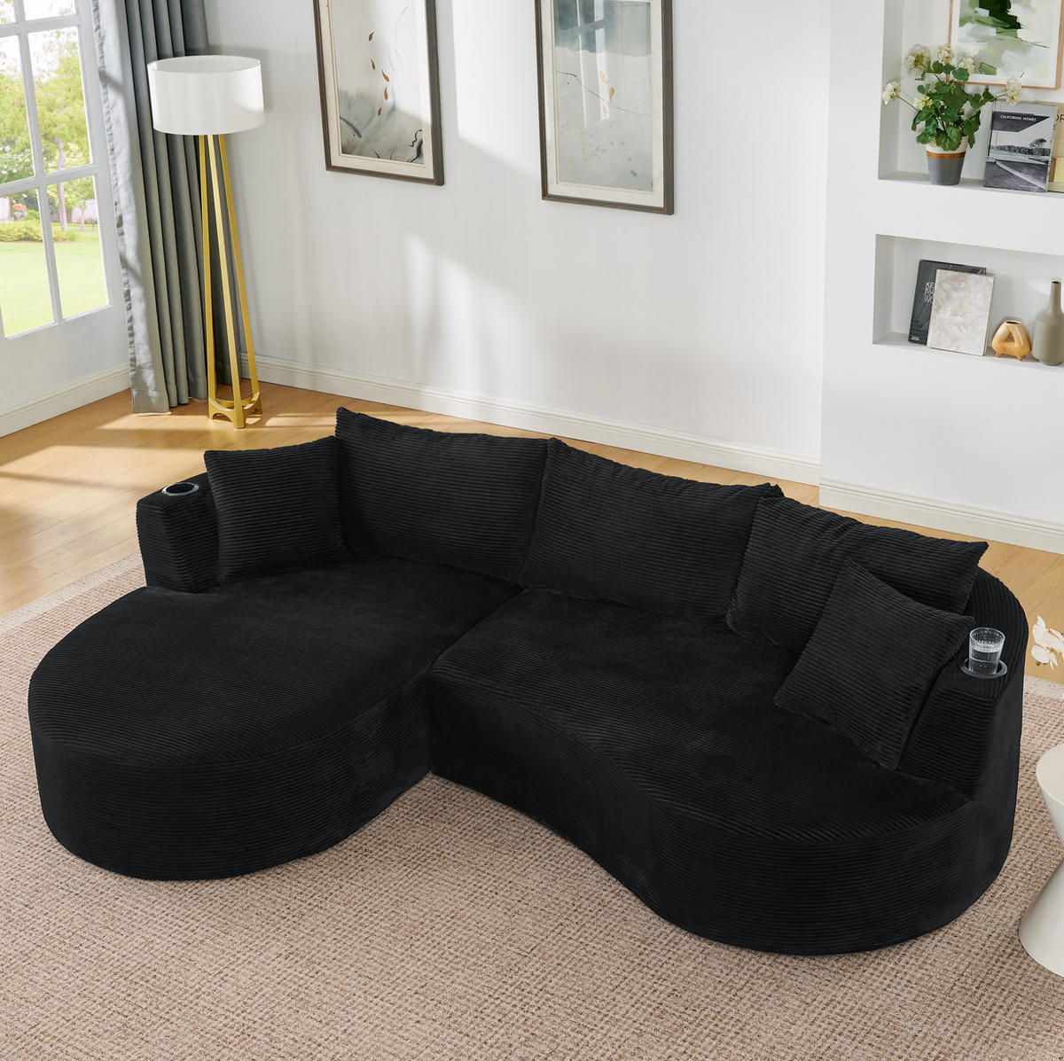SOFA 3-Sitzer mit Getränkehaltern und Kissen aus weichem Kordstoff, Schwarz - Schwarz, Kunststoff (264/76/168cm) - Redom