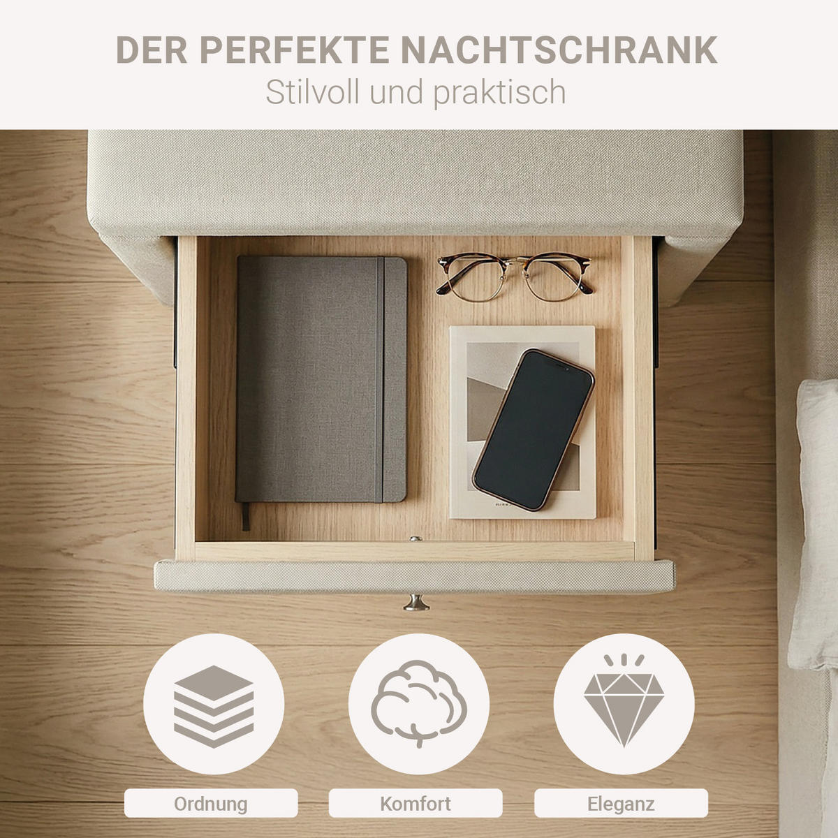 NACHTTISCH beige mit 2 Schubladen - Beige, Textil (47/54/29cm) - Homestyle4u