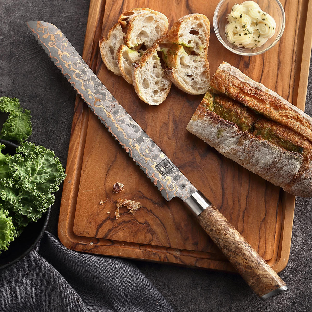 BROTMESSER 27 cm WELLENSCHLIFF - Ahornfarben, Holz/Metall (40cm) - Zayiko