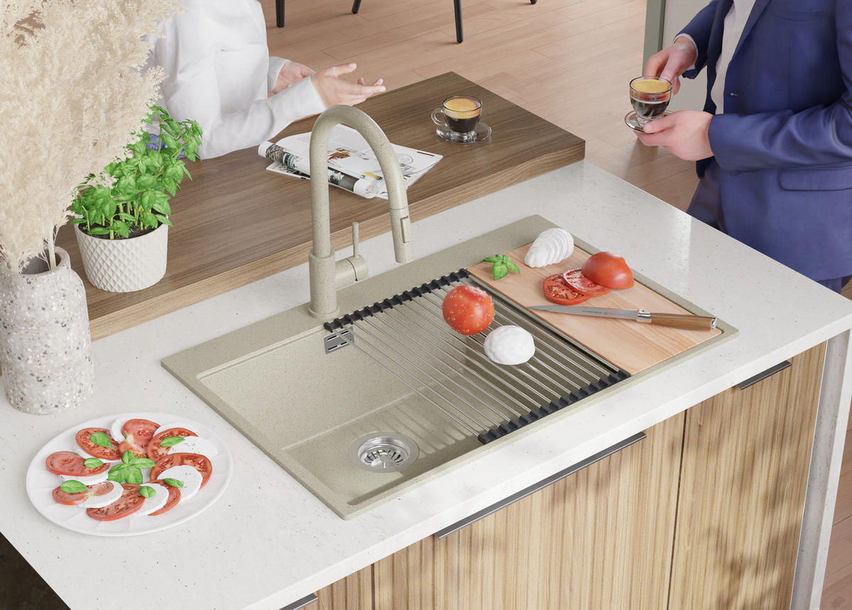 GRANITSPÜLE Oslo Duo, 2-er set Beige 78/50 cm 2 Becken + Küchenarmatur 32/20 cm + Ablauf-Set + Schneidebrett ab 80er Unterschrank - Chromfarben/Beige, Kunststoff (78/20/50cm) - Primagran