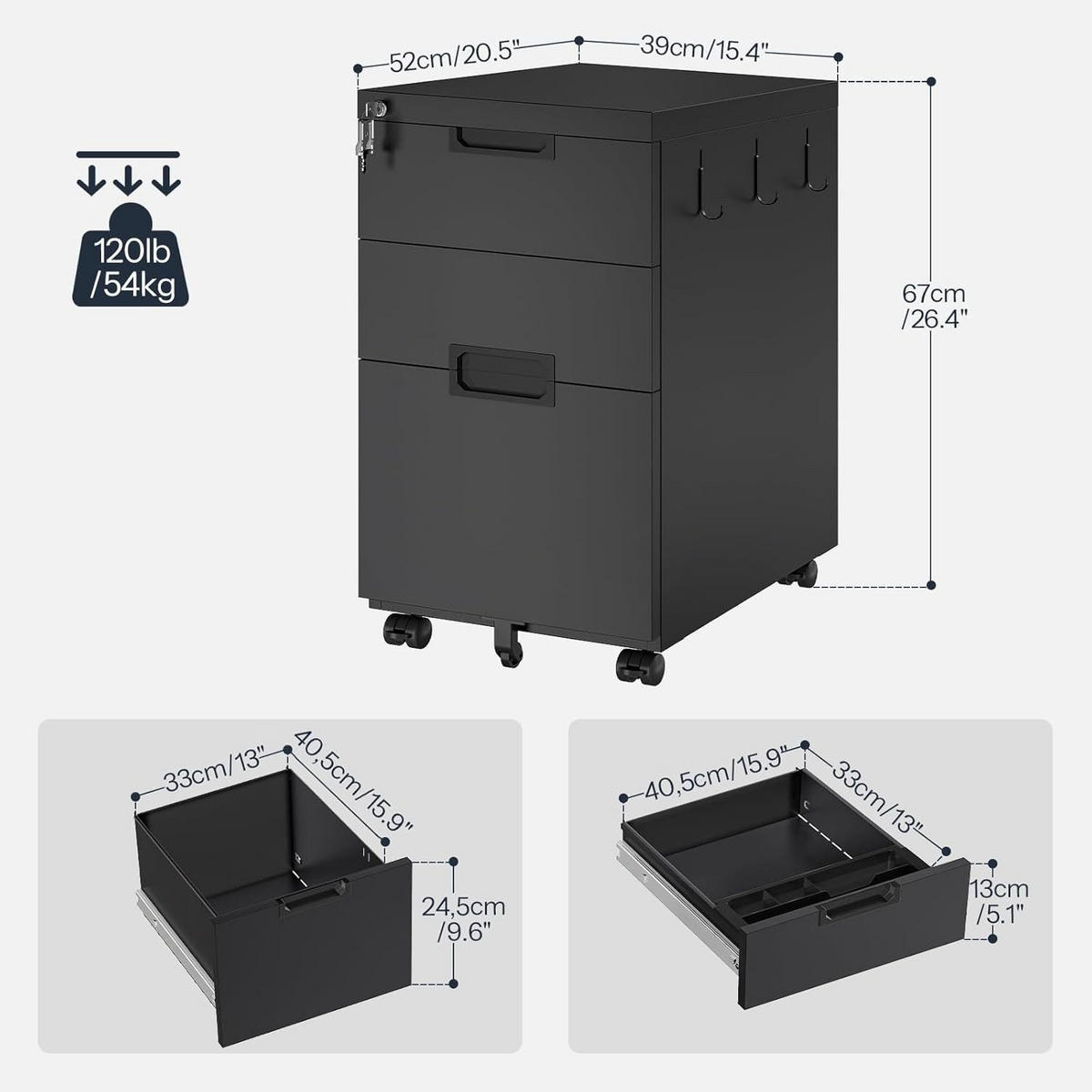 ROLLCONTAINER Schwarz Bürocontainer abschließbar - Schwarz, Metall (52/67/39cm) - Hoobro