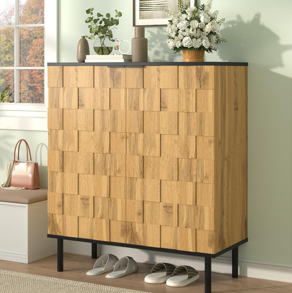 SCHUHSCHRANK 80/35/91,5 cm natur aus Spanplatte mit Mosaikfront - Naturfarben, Holzwerkstoff (80/91/35cm) - OKWISH