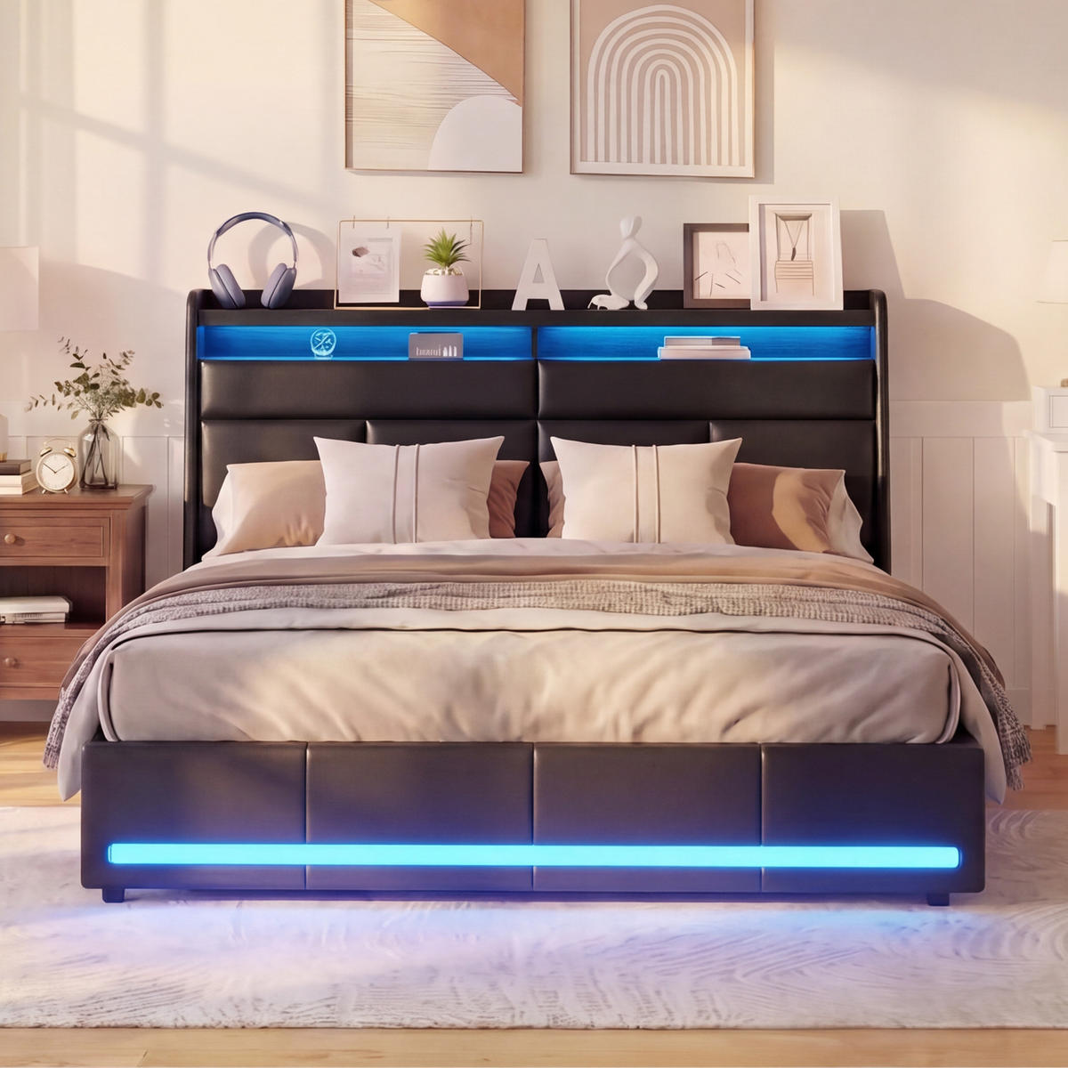 DOPPELBETT 140x200 cm mit Bettkasten LED Ladestation Schwarz Stauraumbett - Schwarz, Holz (140/200cm) - PARAFTA HOME