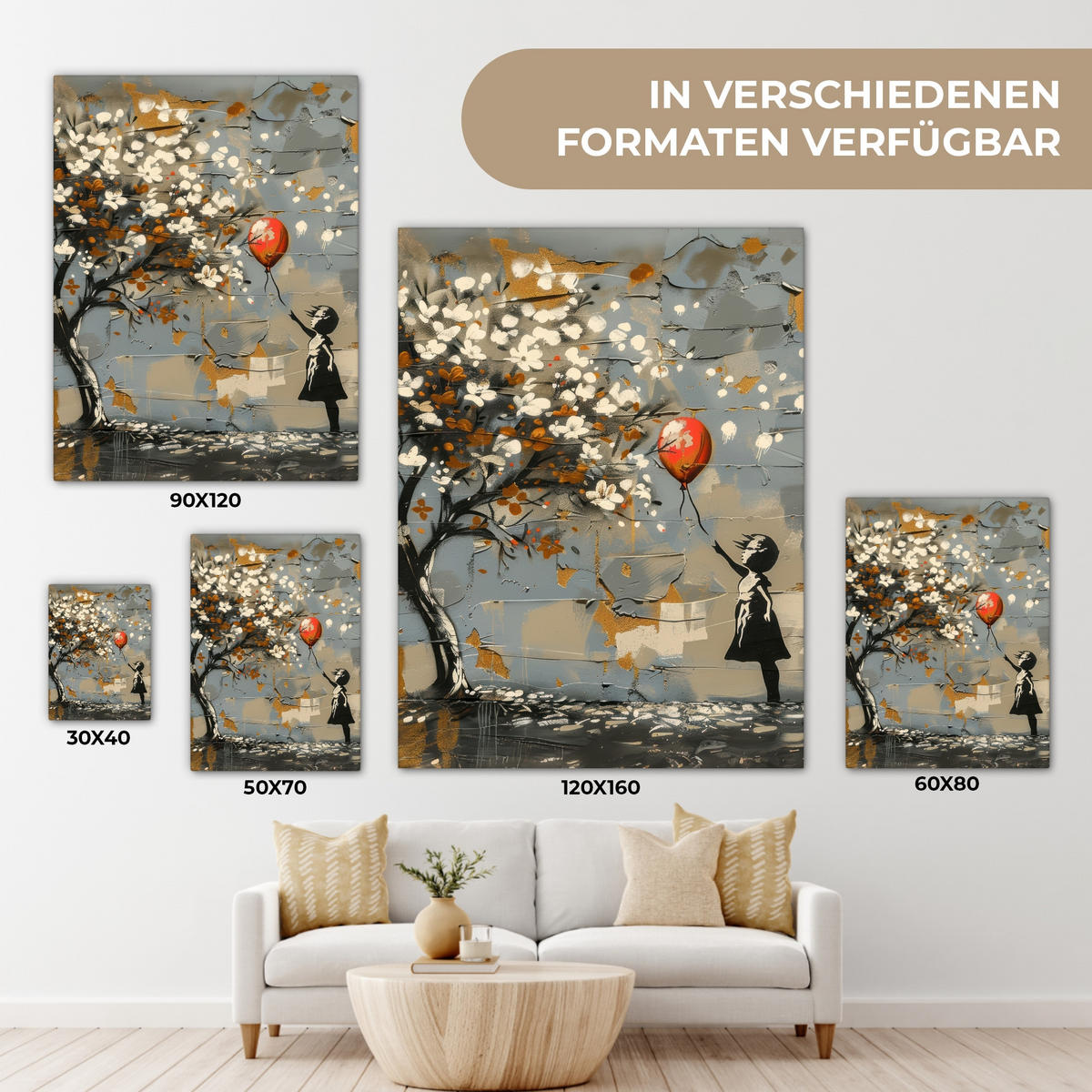 LEINWANDBILD Baum - Graffiti - Banksy-Stil - Ballon-Mädchen 60x80 cm - Blaugrau, Textil (60/80cm) - MuchoWow